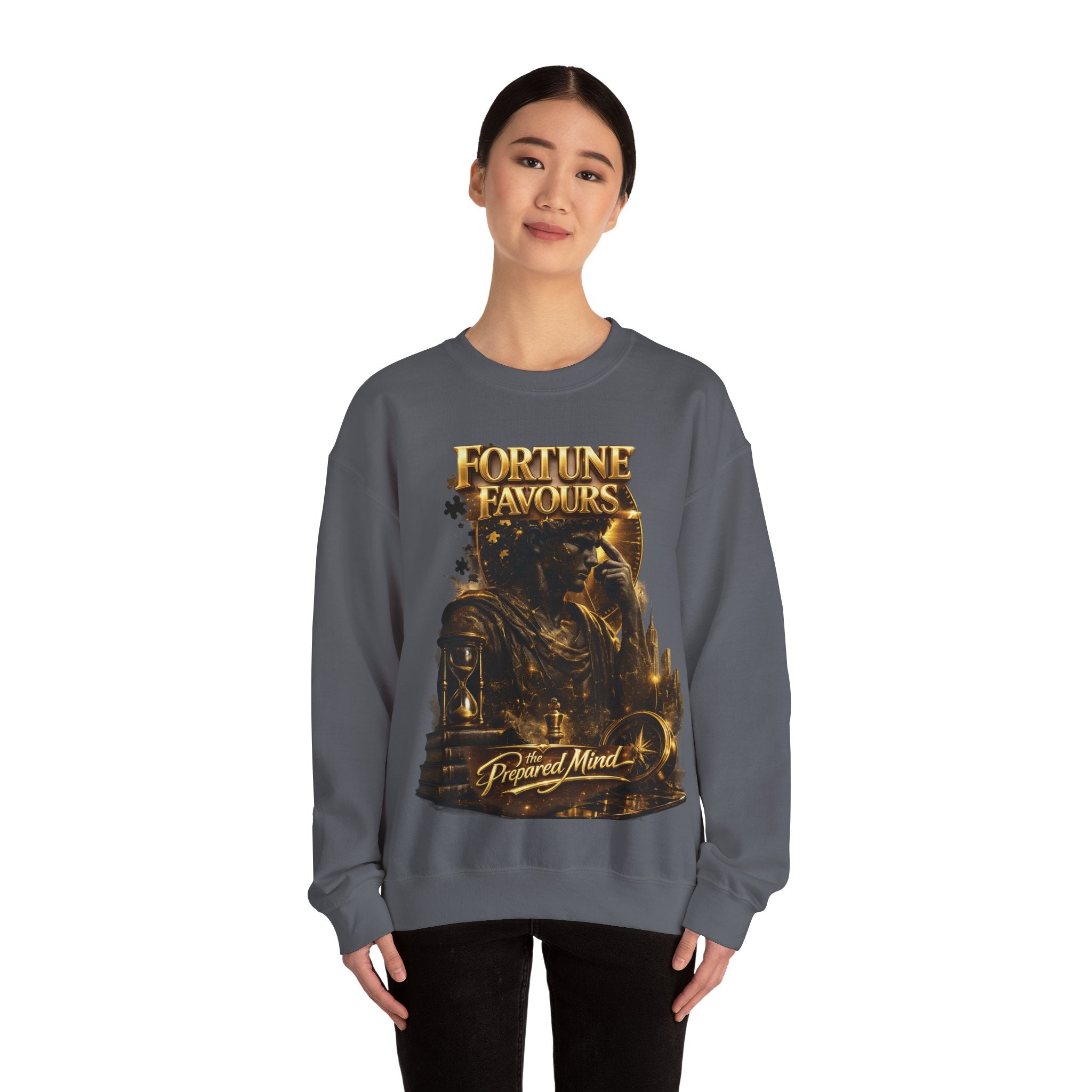 Crewneck Sweatshirt — "Fortune Favors the Prepared Mind" Motivational Design Printify