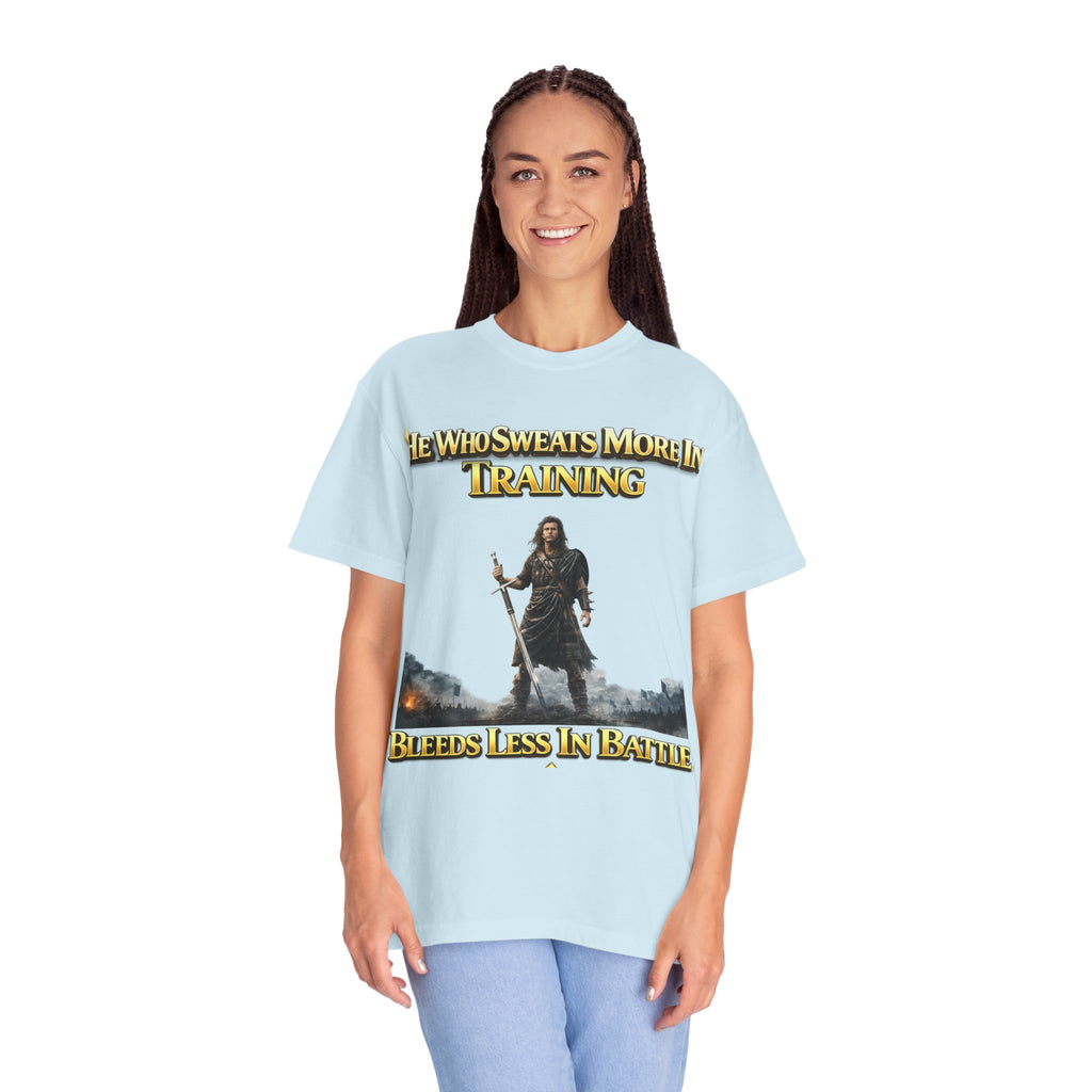 Training Warrior T-Shirt — "He Who Sweats More in Training Bleeds Less in Battle" Printify