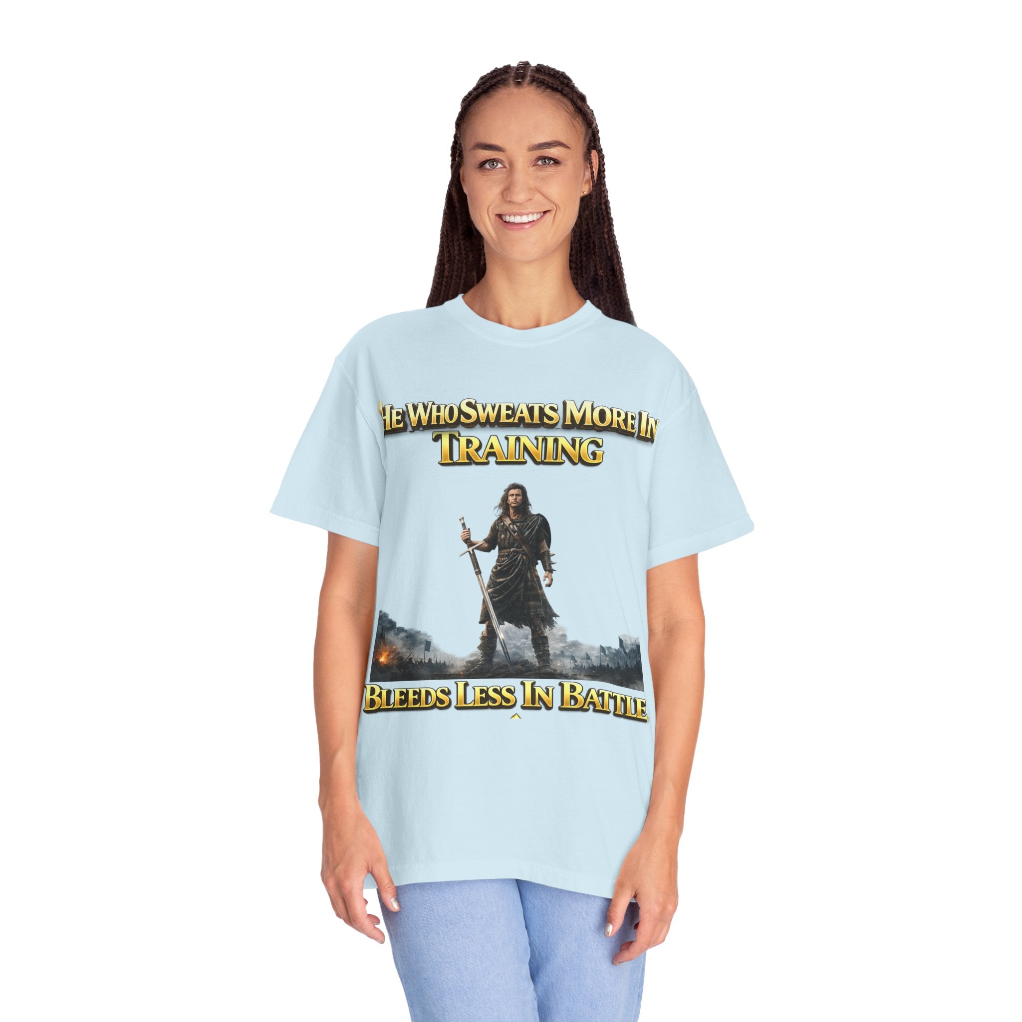 Training Warrior T-Shirt — "He Who Sweats More in Training Bleeds Less in Battle" Printify