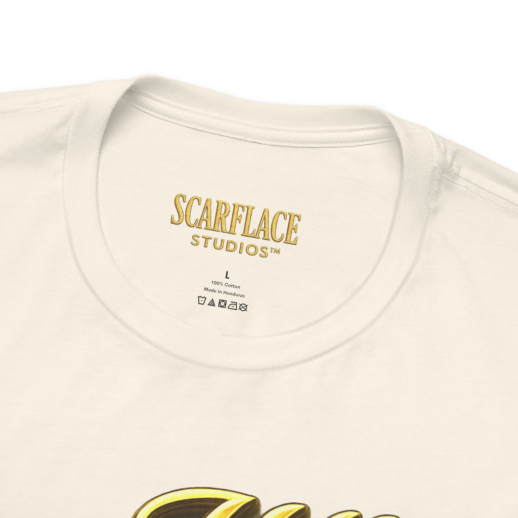 Horror Mask Split Face Tee — "Say Hello To Your Family and Friends" Graphic T-Shirt Printify