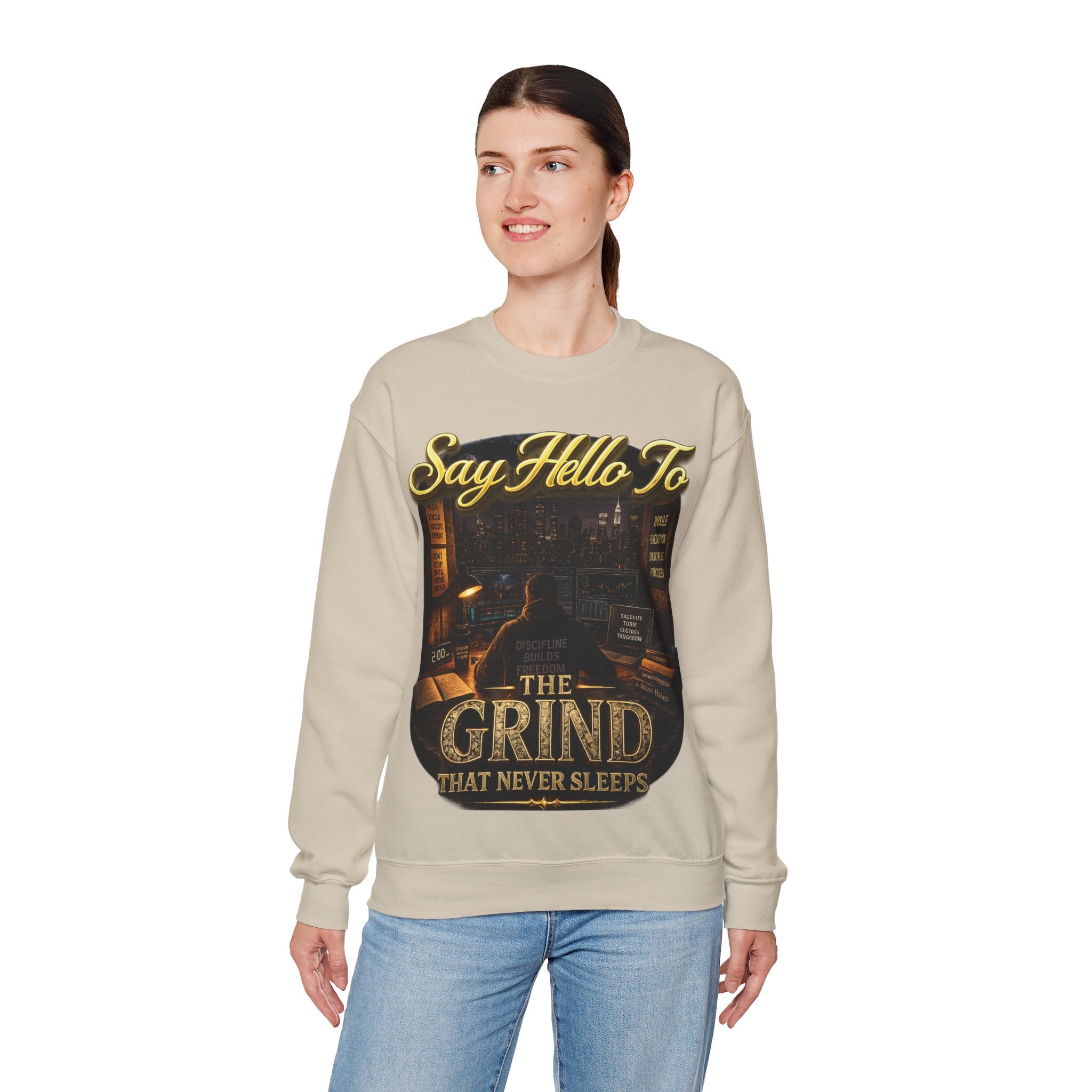 The Grind That Never Sleeps Crewneck Sweatshirt — Motivational Hustle Sweatshirt Printify