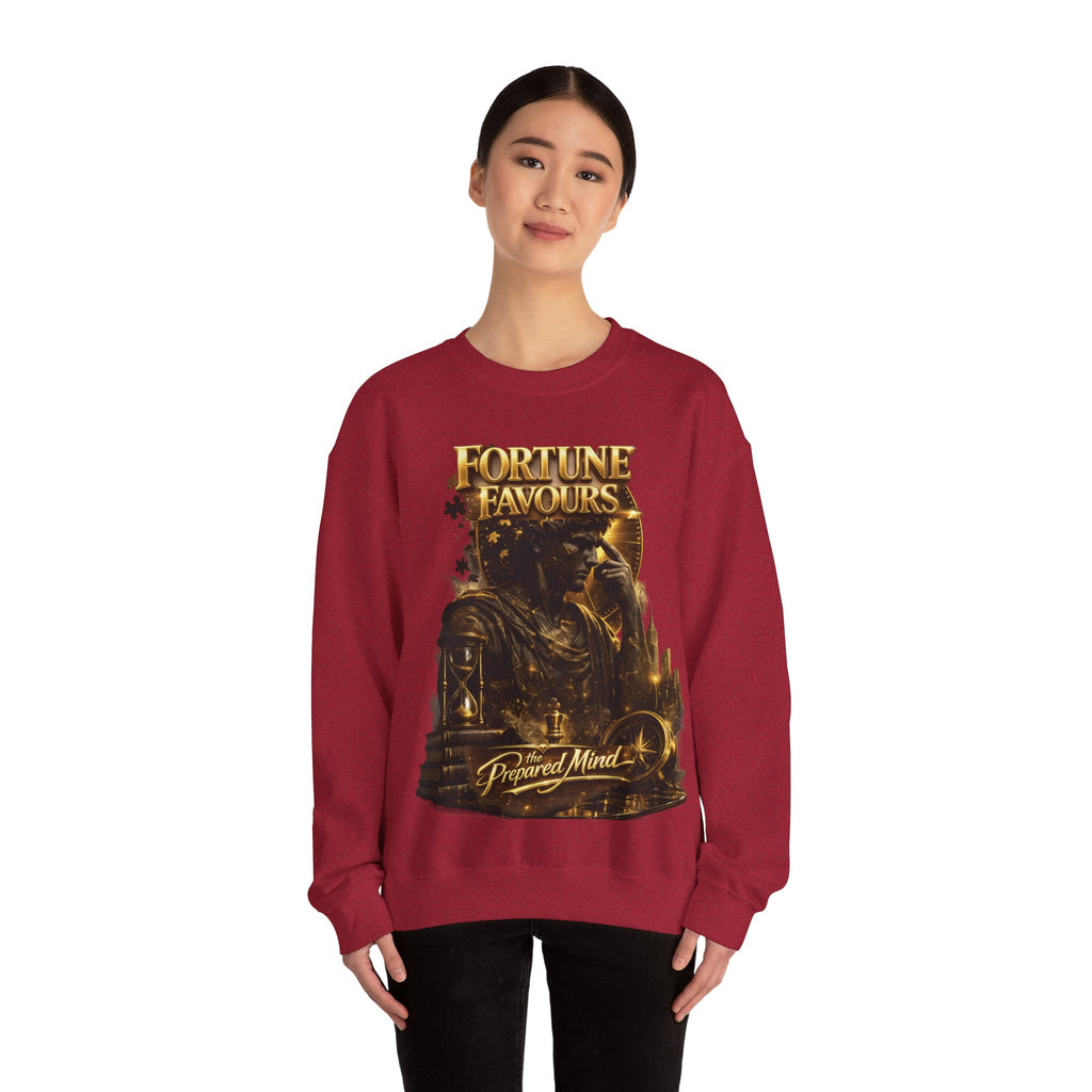 Crewneck Sweatshirt — "Fortune Favors the Prepared Mind" Motivational Design Printify
