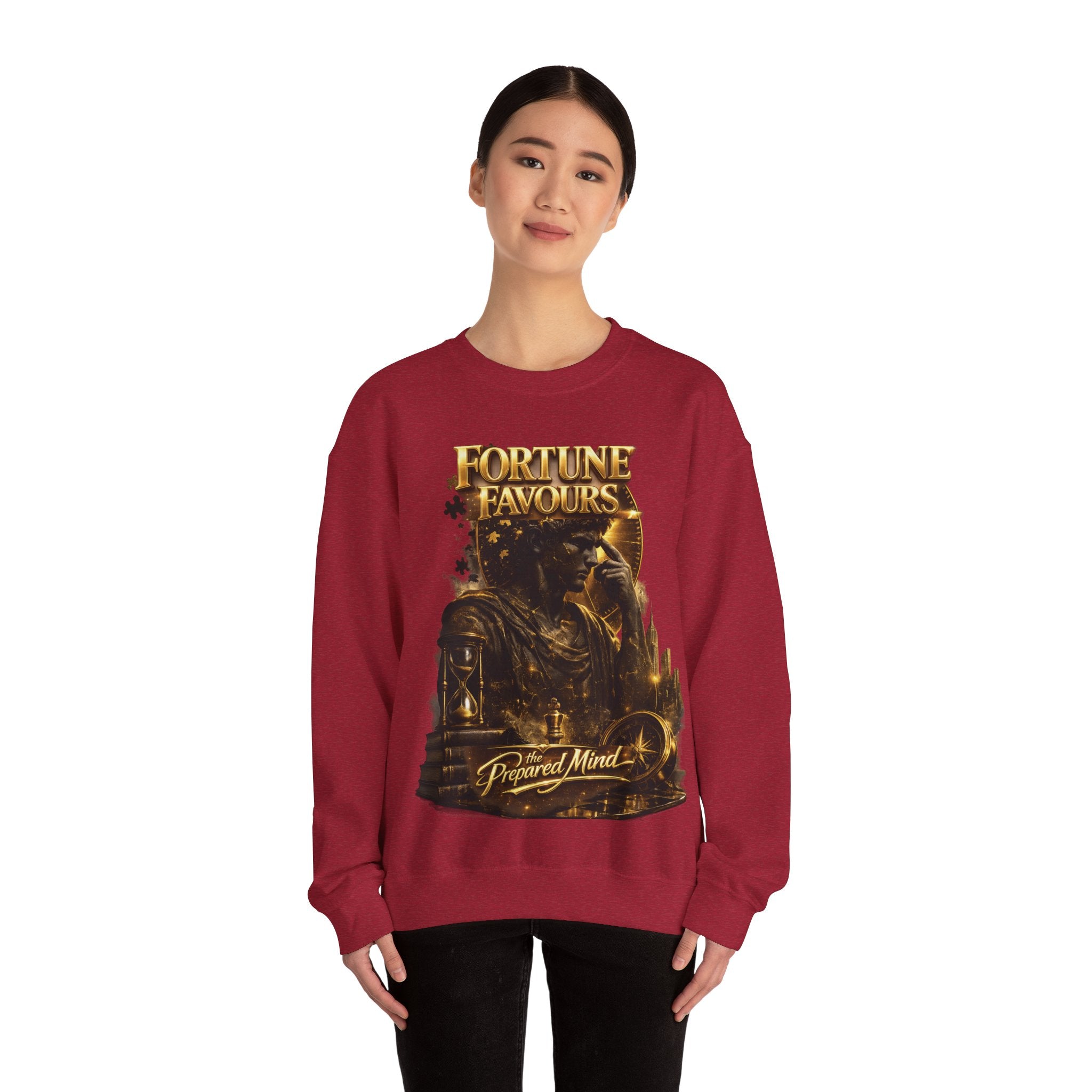Crewneck Sweatshirt — "Fortune Favors the Prepared Mind" Motivational Design Printify
