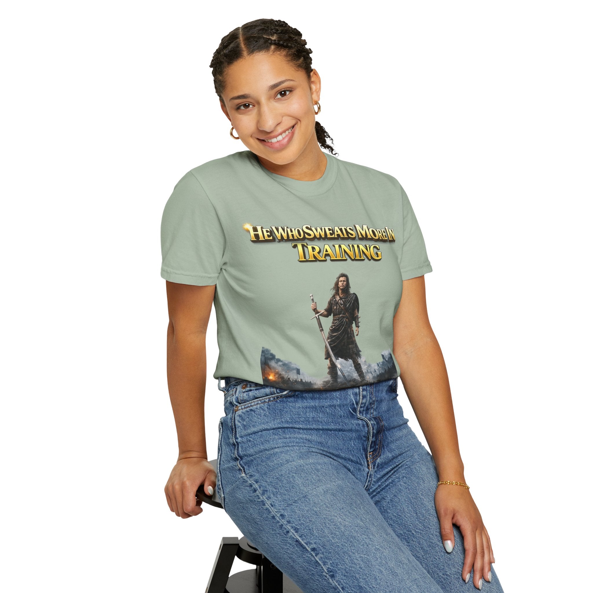 Training Warrior T-Shirt — "He Who Sweats More in Training Bleeds Less in Battle" Printify