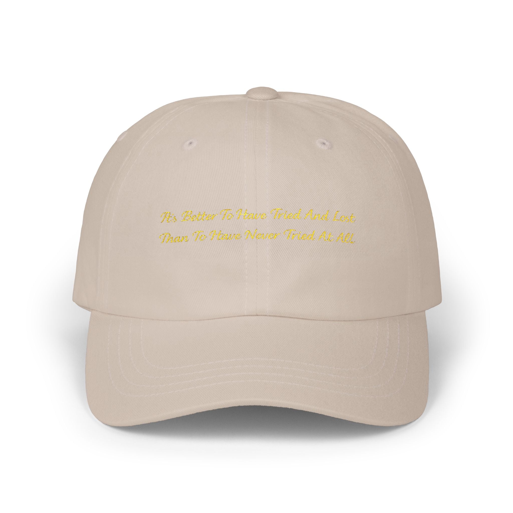 Embroidered Gold Script Dad Cap — Minimal White Baseball Hat Printify