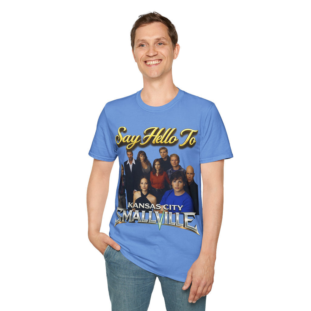 Smallville Cast T-Shirt – "Say Hello To" Kansas City Retro TV Logo Printify