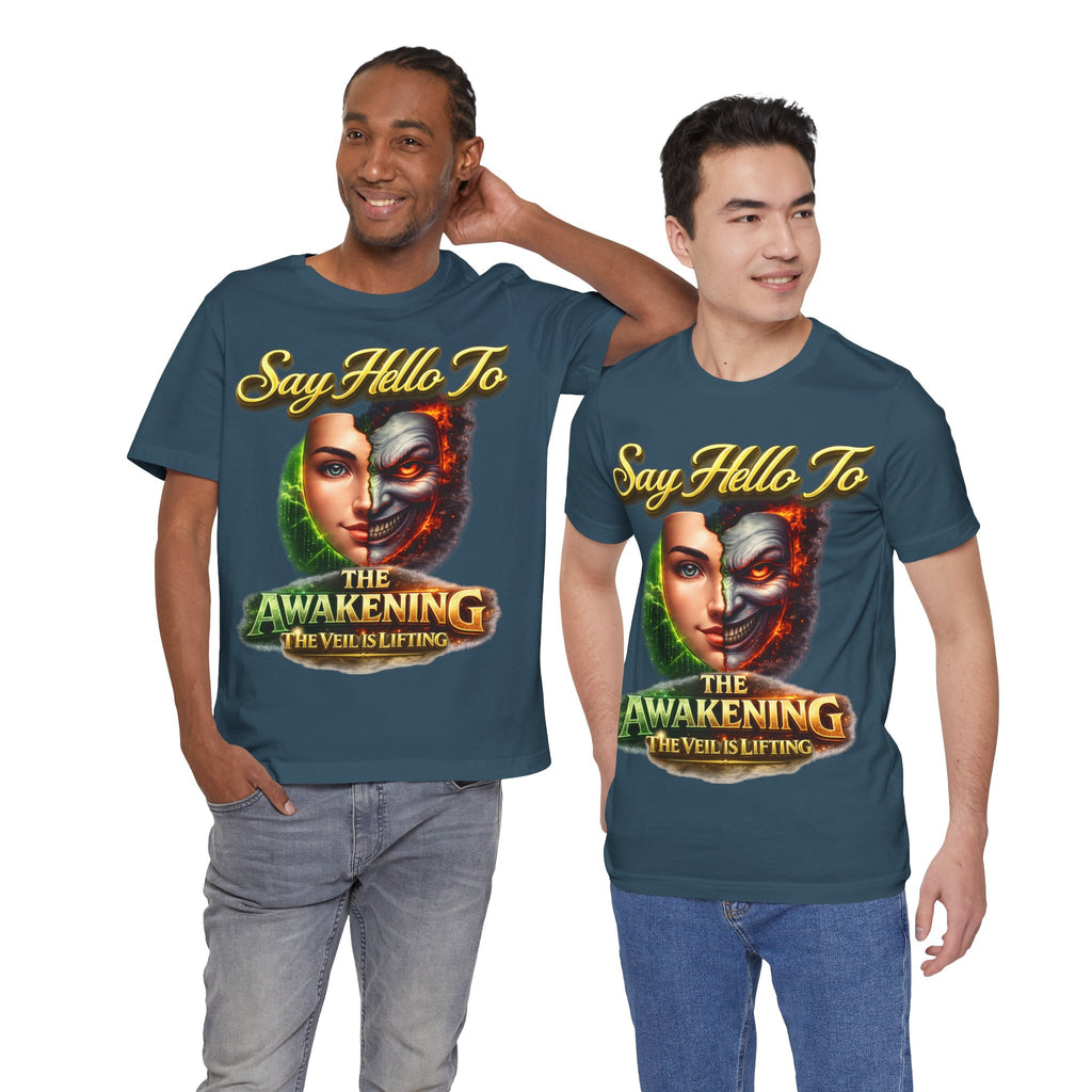Horror Mask Split Face Tee — "Say Hello To Your Family and Friends" Graphic T-Shirt Printify