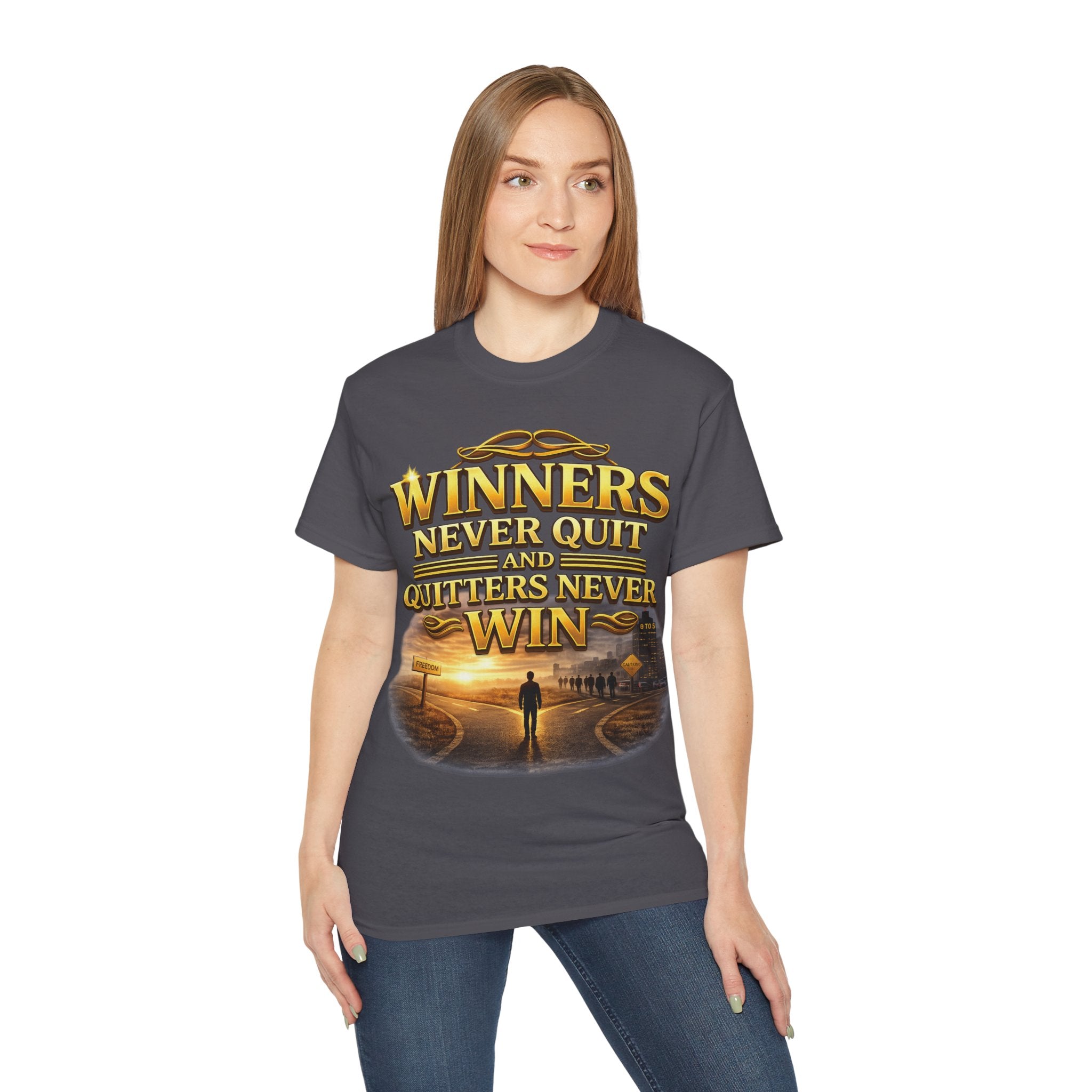 Winners Never Quit Inspirational Tee — Motivational Quote Shirt Printify