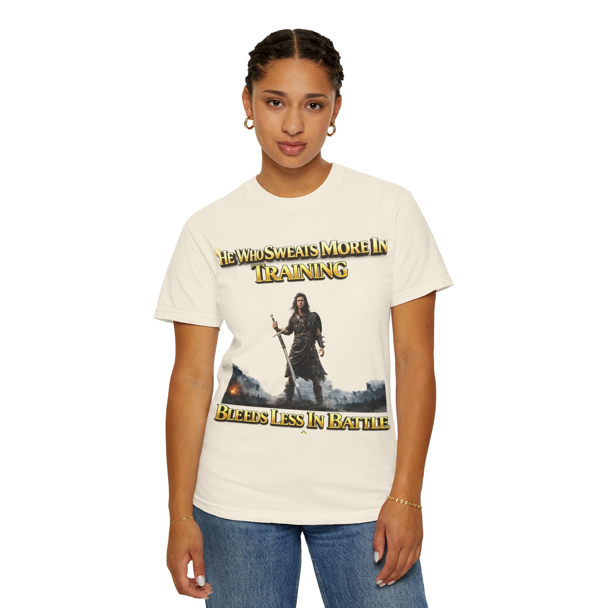 Training Warrior T-Shirt — "He Who Sweats More in Training Bleeds Less in Battle" Printify