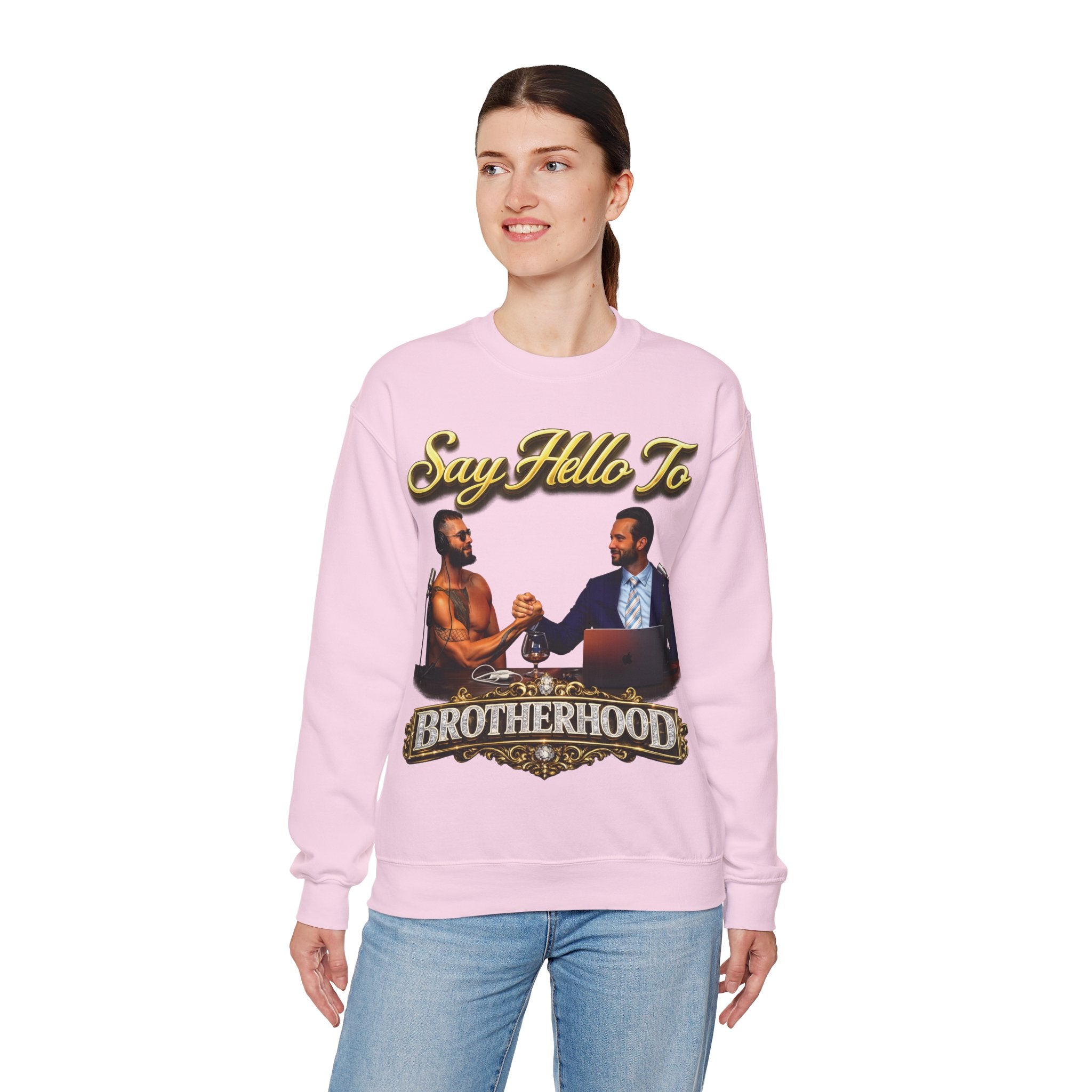 Crewneck Sweatshirt — 'Say Hello To Brotherhood' Graphic Pullover Printify
