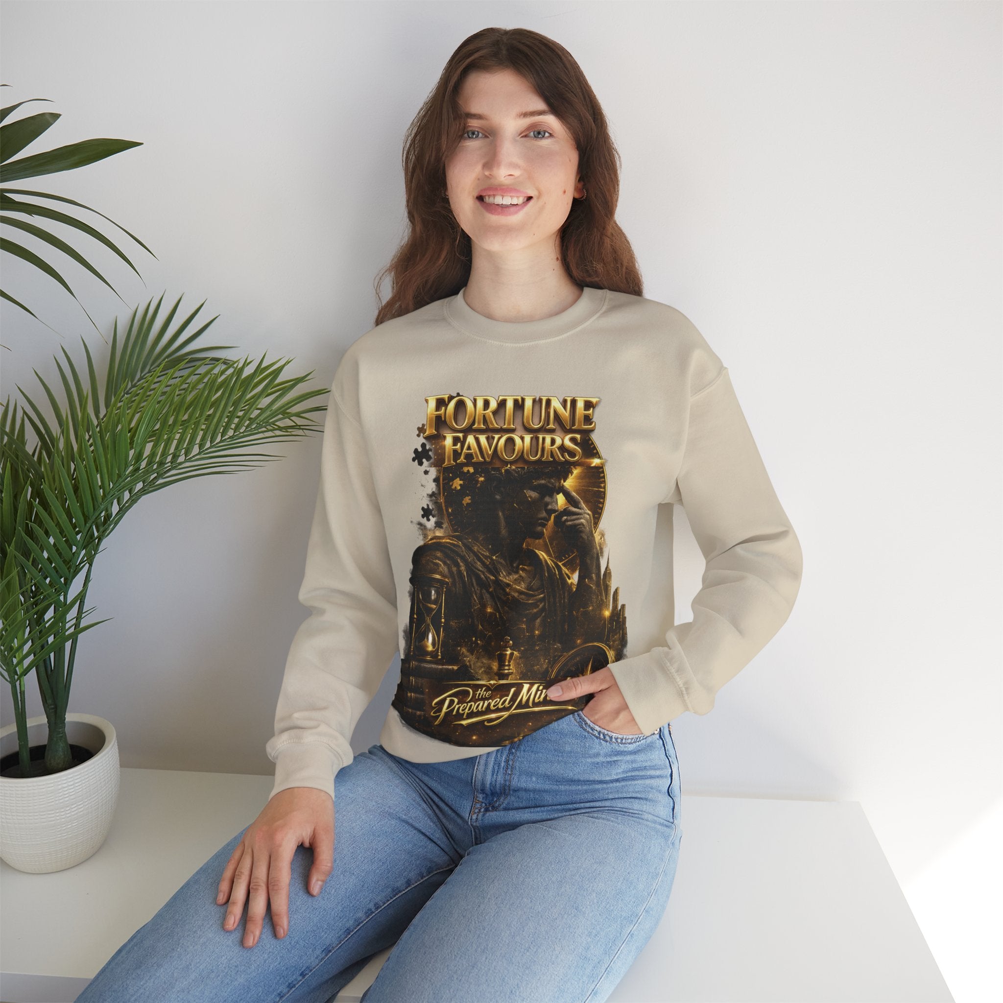 Crewneck Sweatshirt — "Fortune Favors the Prepared Mind" Motivational Design Printify