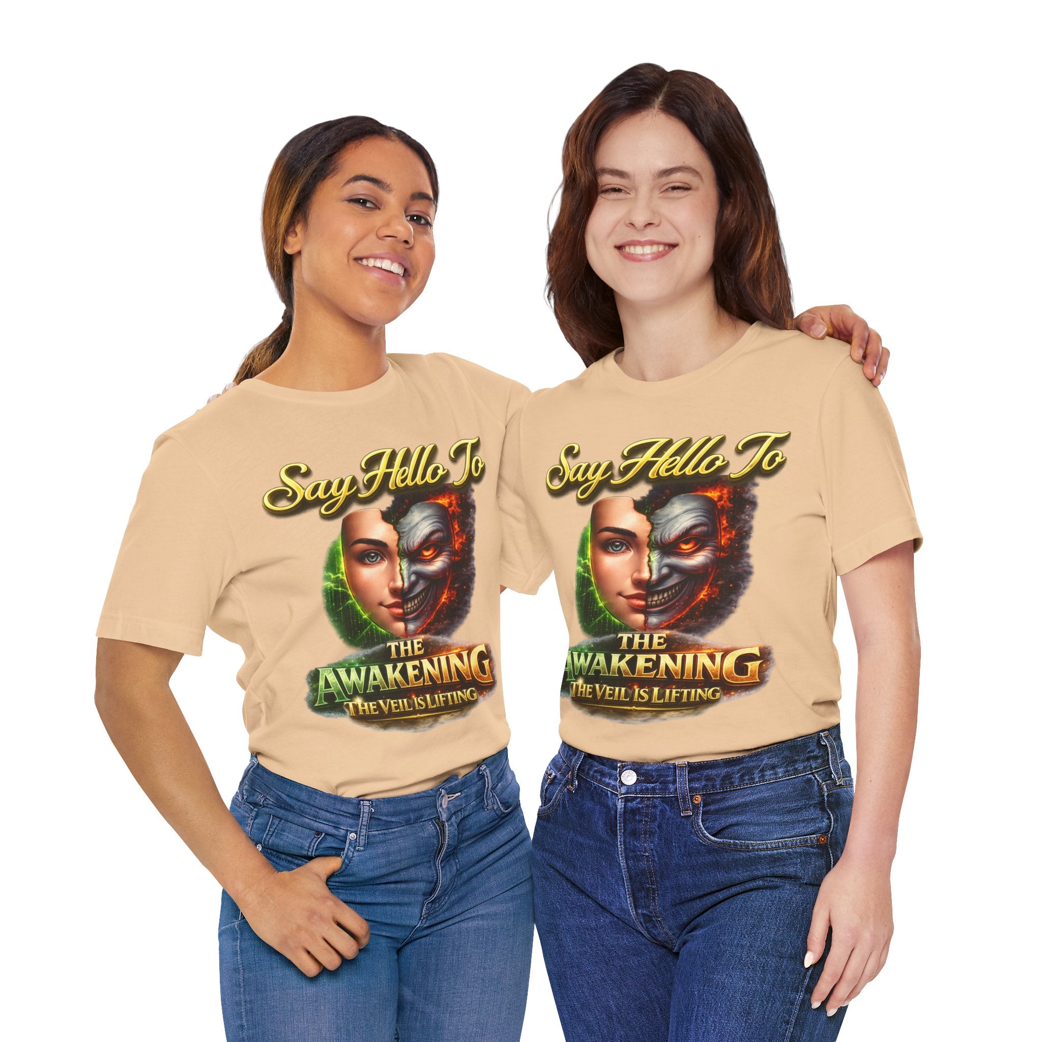 Horror Mask Split Face Tee — "Say Hello To Your Family and Friends" Graphic T-Shirt Printify