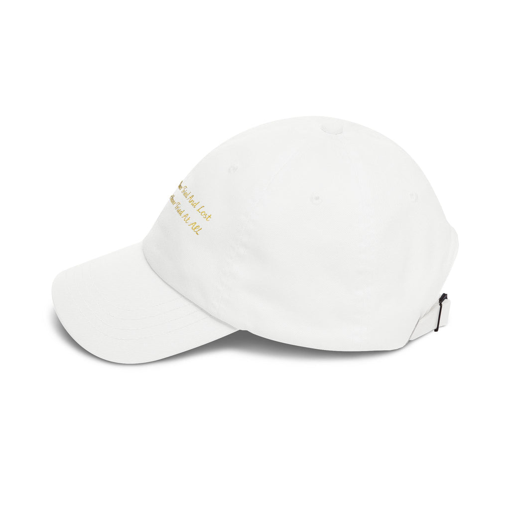 Embroidered Gold Script Dad Cap — Minimal White Baseball Hat Printify