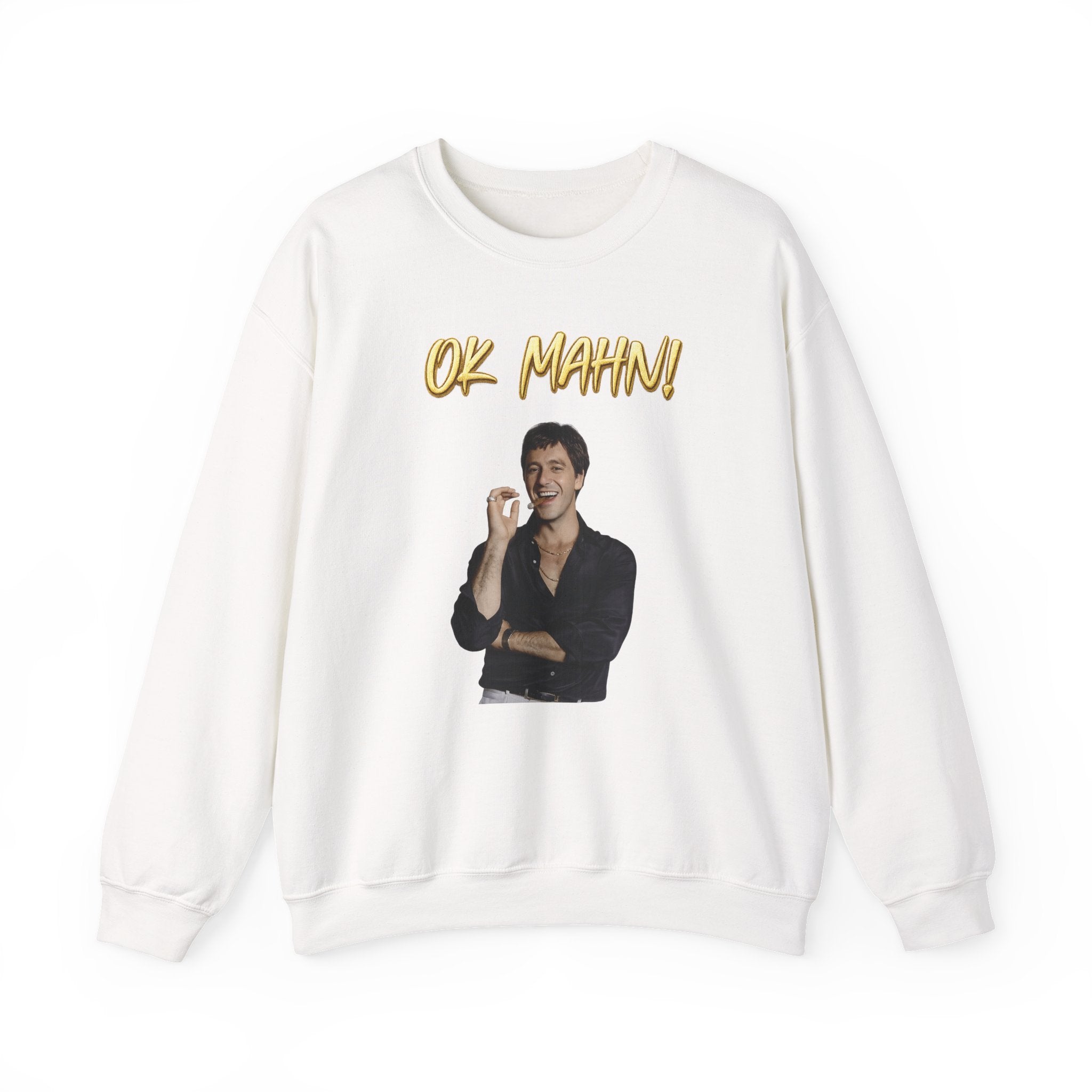 Crewneck Sweatshirt — 'Ok Mahn!' Gold Script Minimalist Streetwear Printify