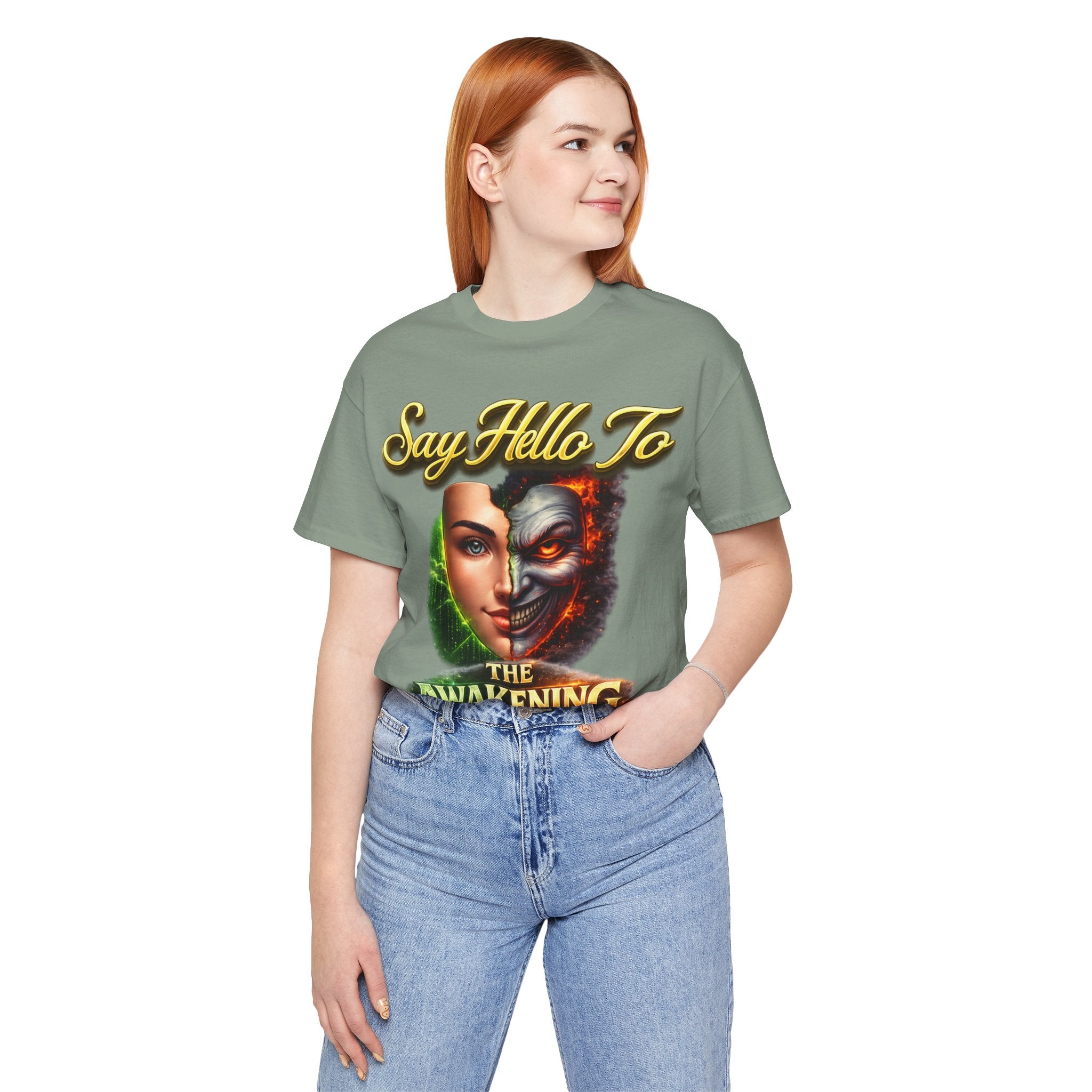 Horror Mask Split Face Tee — "Say Hello To Your Family and Friends" Graphic T-Shirt Printify