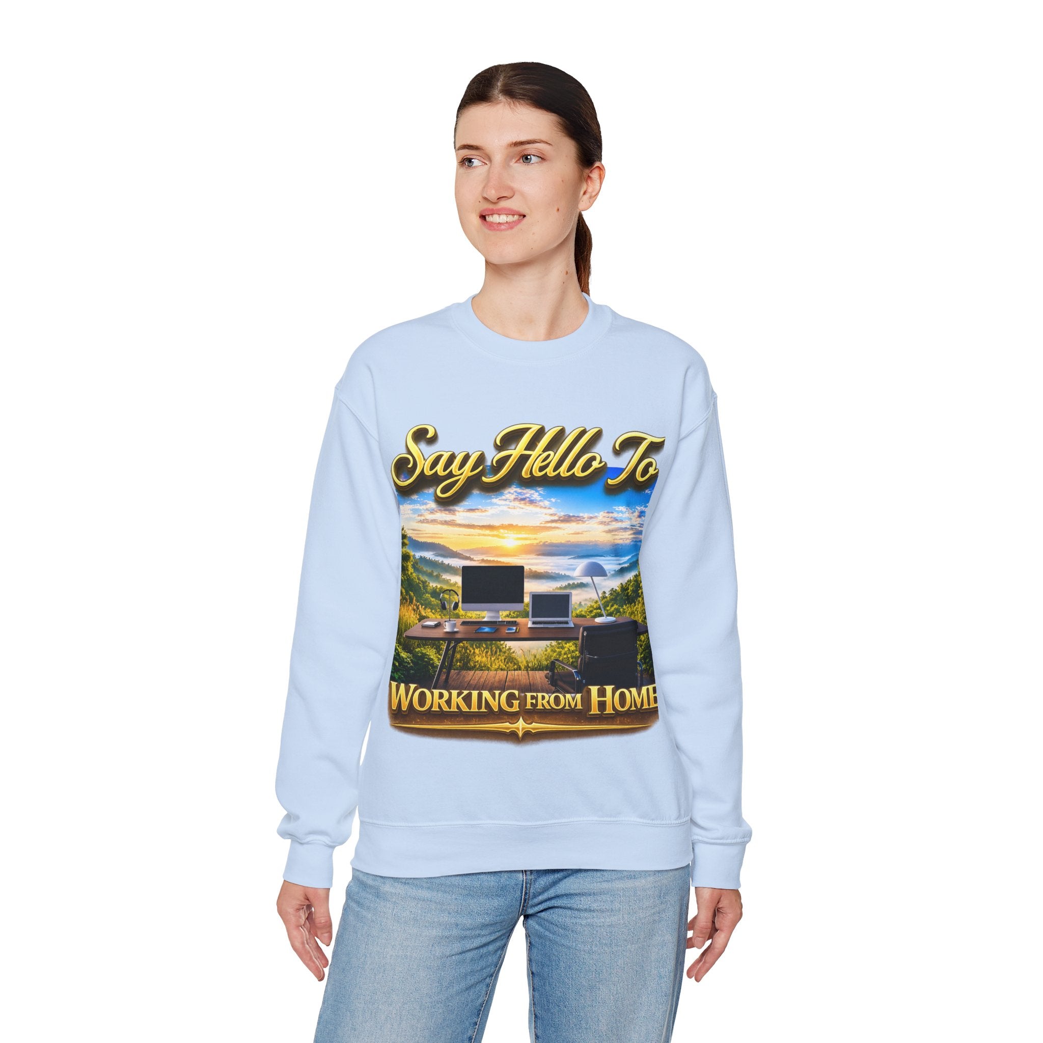 Working From Home Sweatshirt – "Say Hello To" Scenic Home Office Crewneck Printify