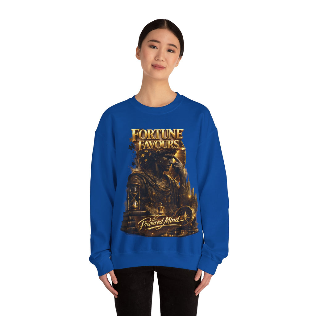 Crewneck Sweatshirt — "Fortune Favors the Prepared Mind" Motivational Design Printify