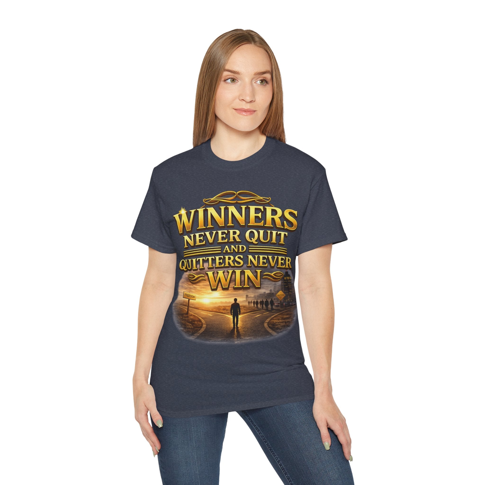 Winners Never Quit Inspirational Tee — Motivational Quote Shirt Printify