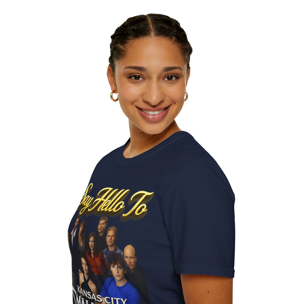 Smallville Cast T-Shirt – "Say Hello To" Kansas City Retro TV Logo Printify