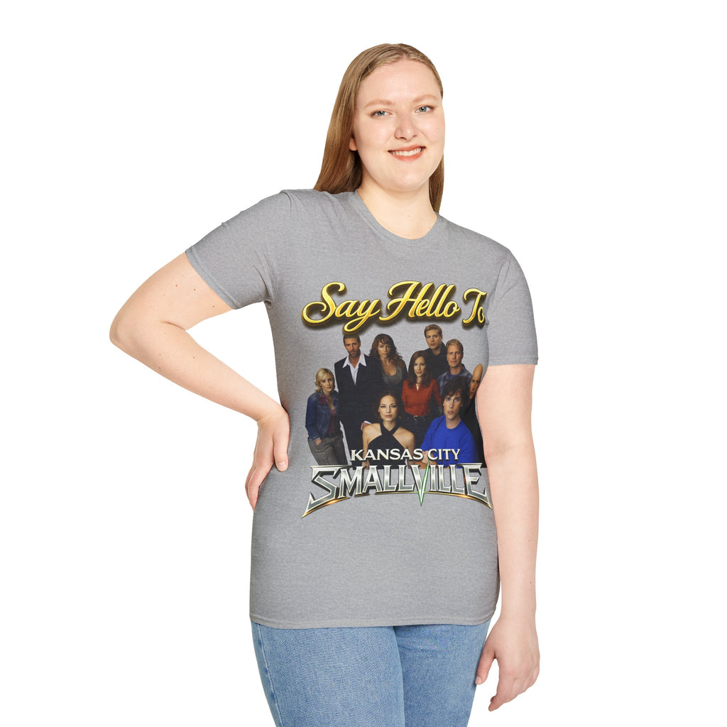 Smallville Cast T-Shirt – "Say Hello To" Kansas City Retro TV Logo Printify