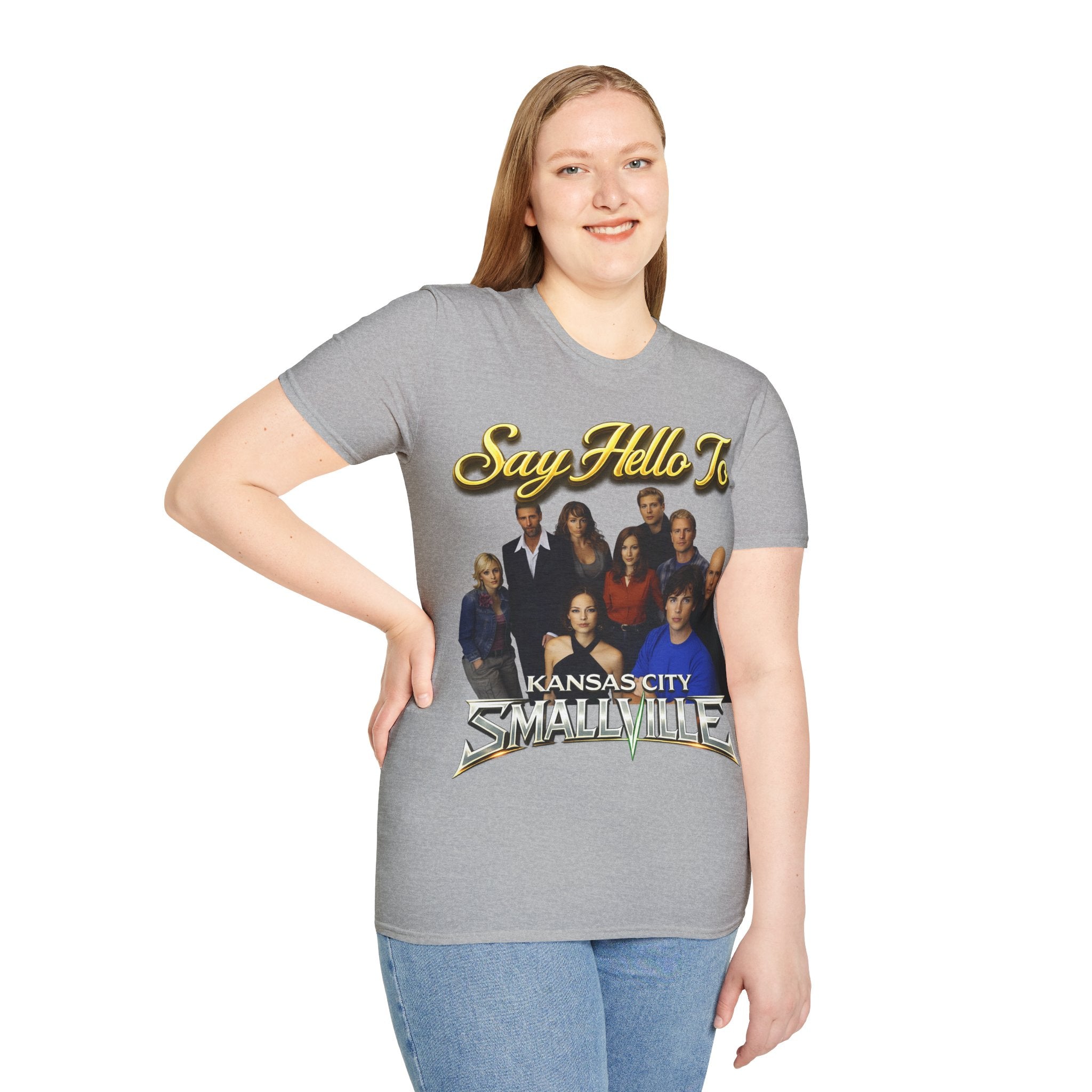 Smallville Cast T-Shirt – "Say Hello To" Kansas City Retro TV Logo Printify