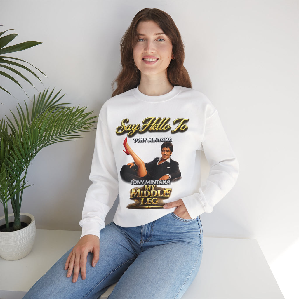 Scarface Parody Crewneck Sweatshirt — "Say Hello to My Middle Leg" Graphic Printify