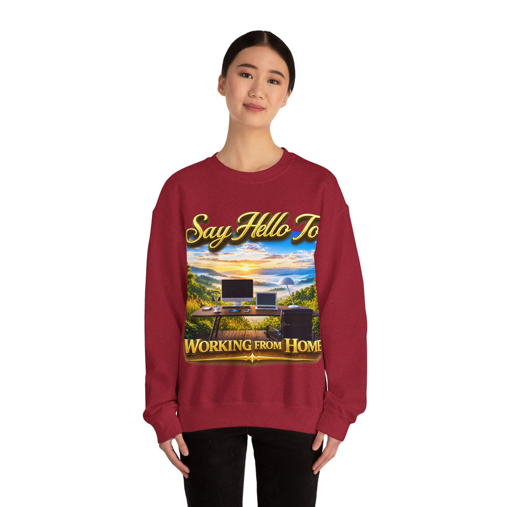 Working From Home Sweatshirt – "Say Hello To" Scenic Home Office Crewneck Printify