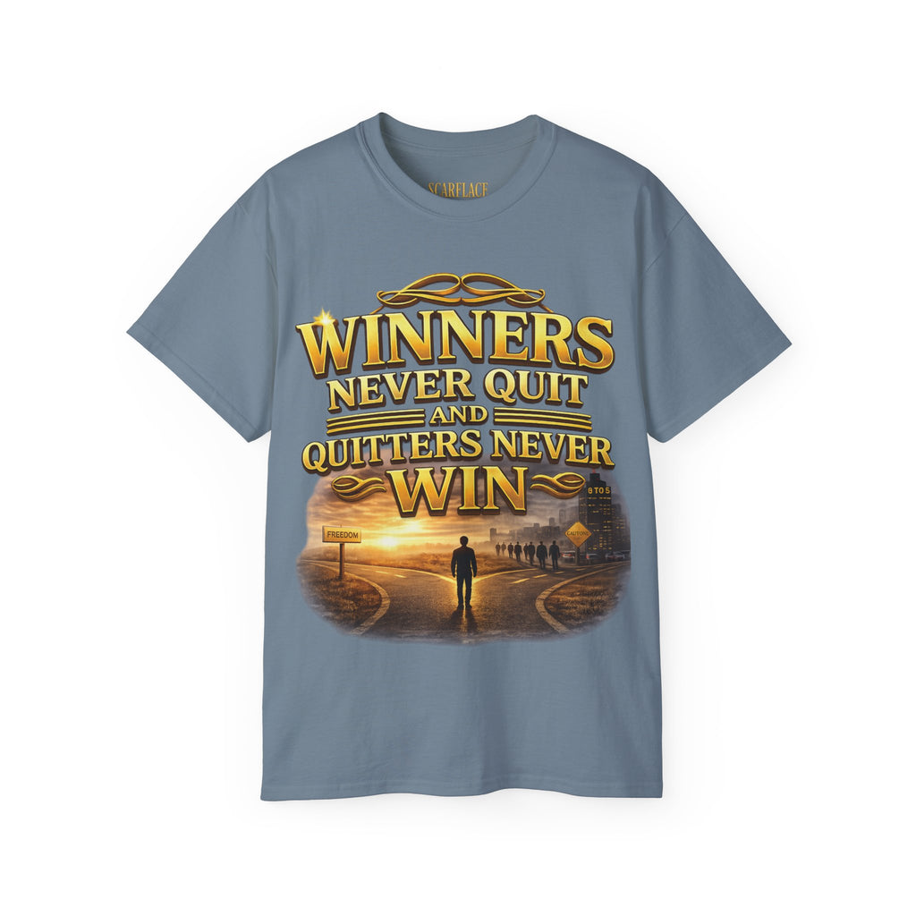 Winners Never Quit Inspirational Tee — Motivational Quote Shirt Printify