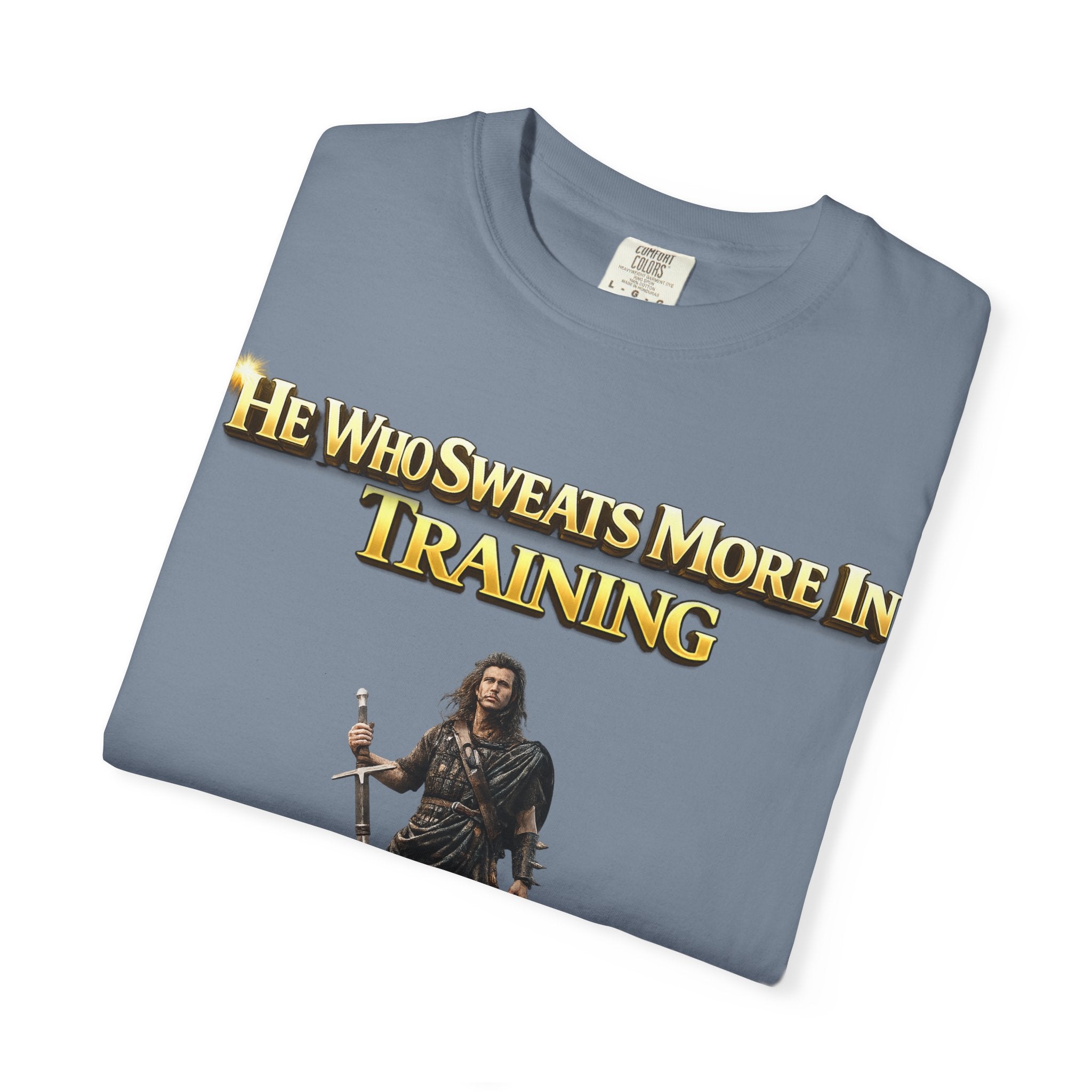 Training Warrior T-Shirt — "He Who Sweats More in Training Bleeds Less in Battle" Printify