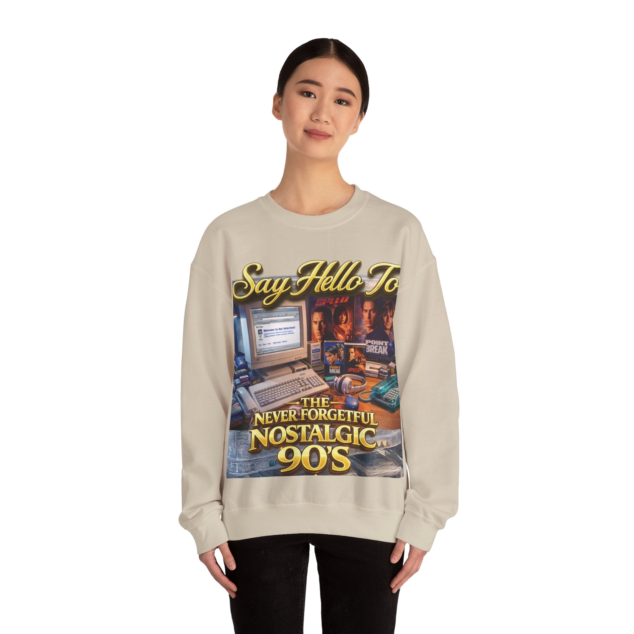 90s Nostalgia Crewneck Sweatshirt – "Say Hello To The Never Forgetful Nostalgic 90's" Printify