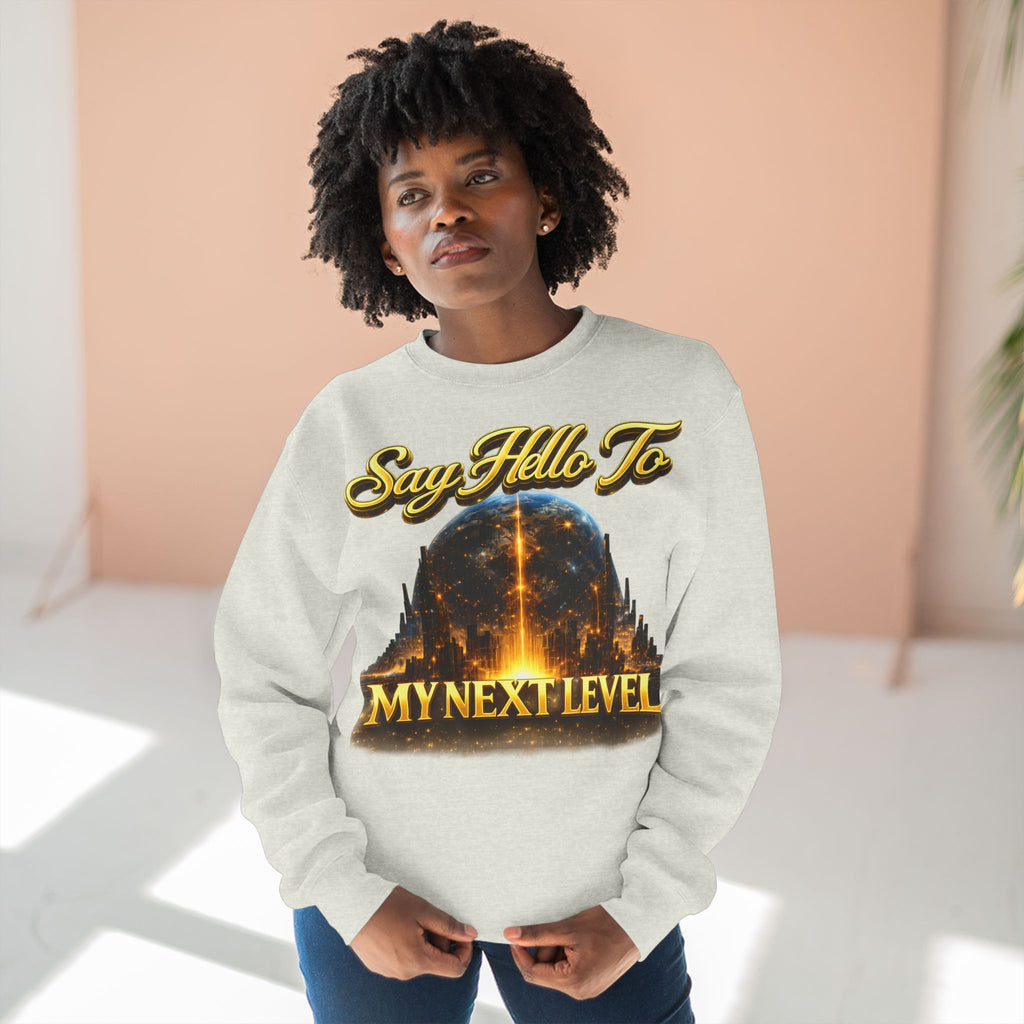 Crewneck Sweatshirt — "Say Hello to My Next Level" Golden Sci‑Fi City Graphic Printify