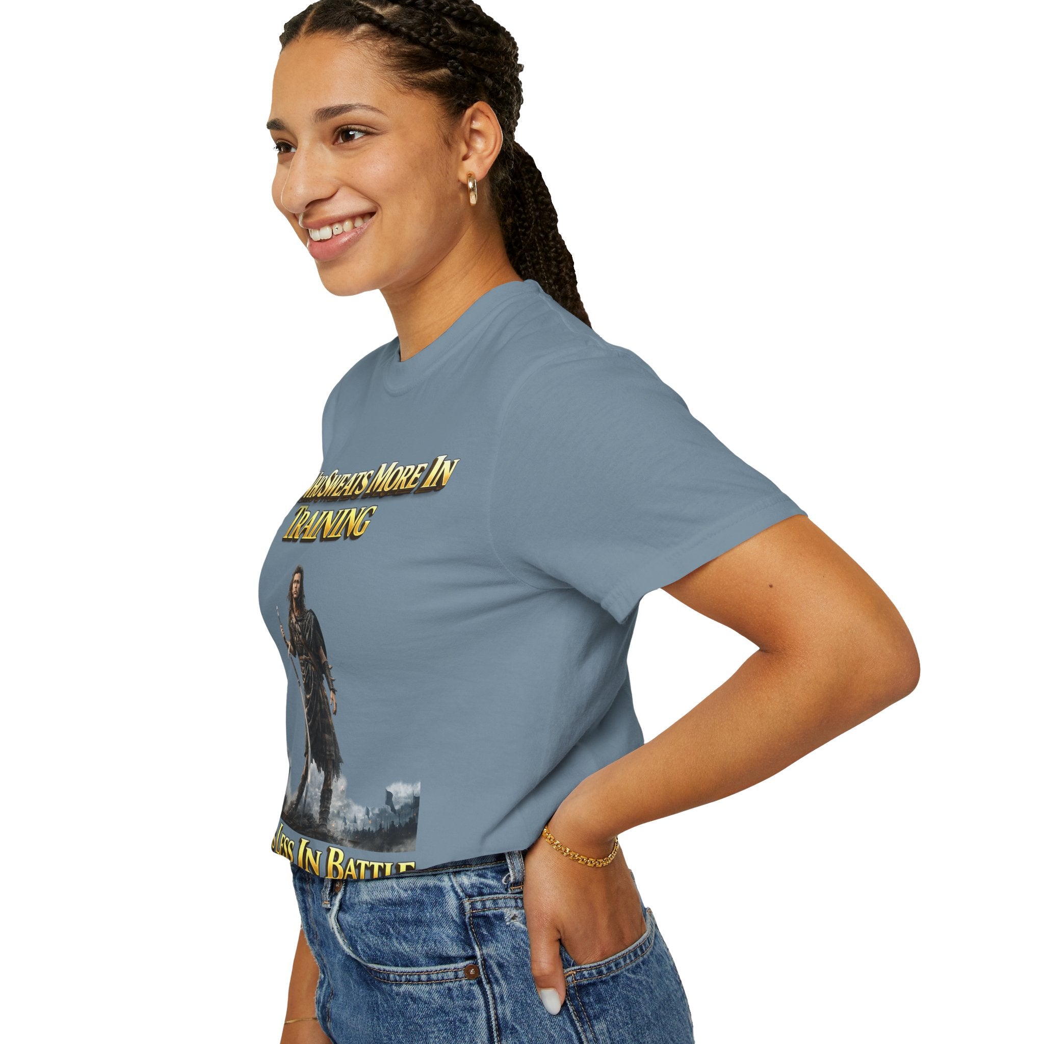 Training Warrior T-Shirt — "He Who Sweats More in Training Bleeds Less in Battle" Printify