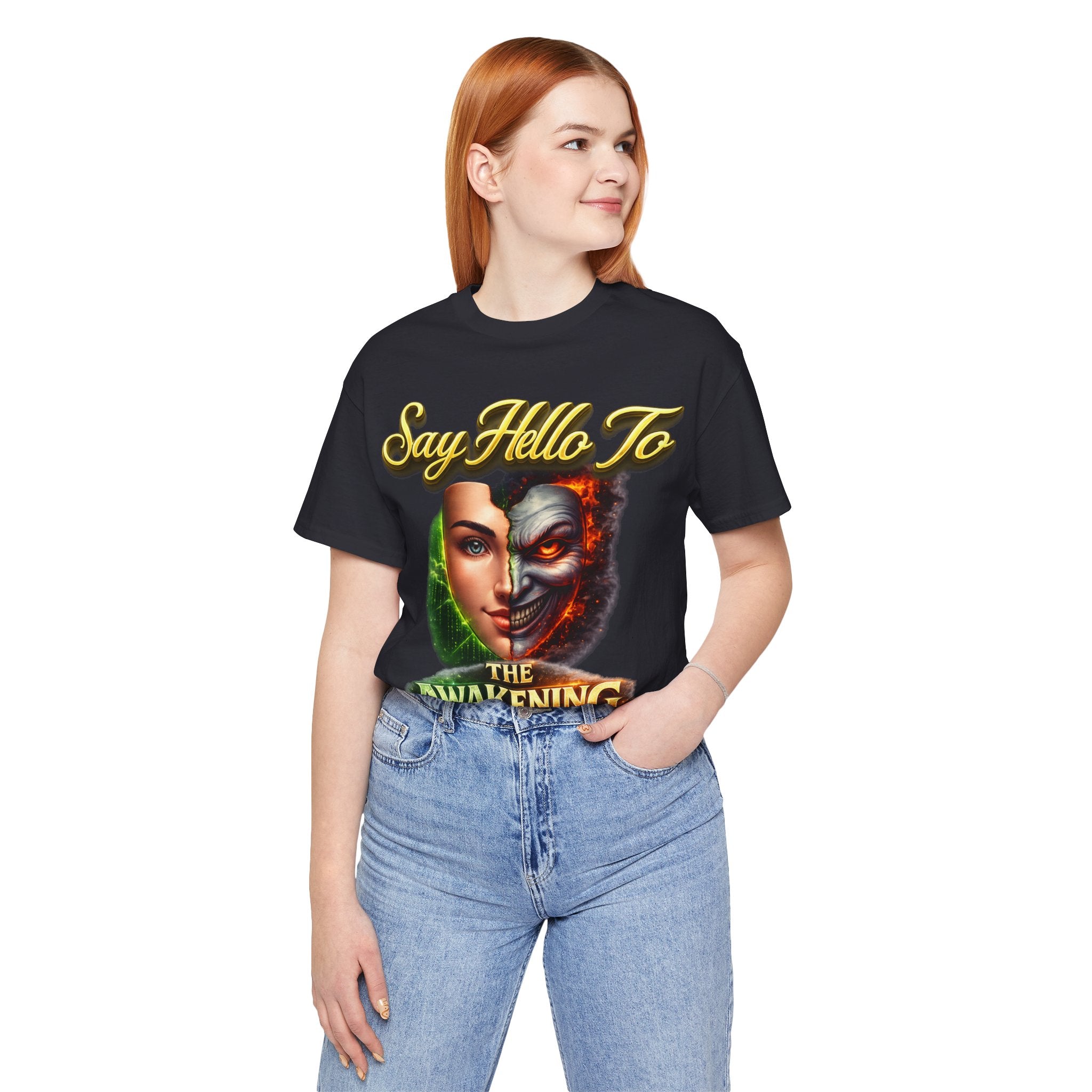 Horror Mask Split Face Tee — "Say Hello To Your Family and Friends" Graphic T-Shirt Printify