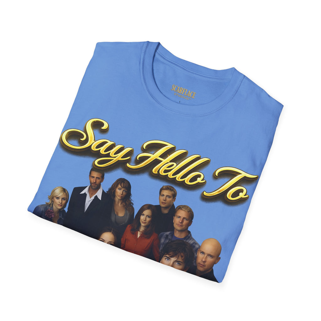 Smallville Cast T-Shirt – "Say Hello To" Kansas City Retro TV Logo Printify