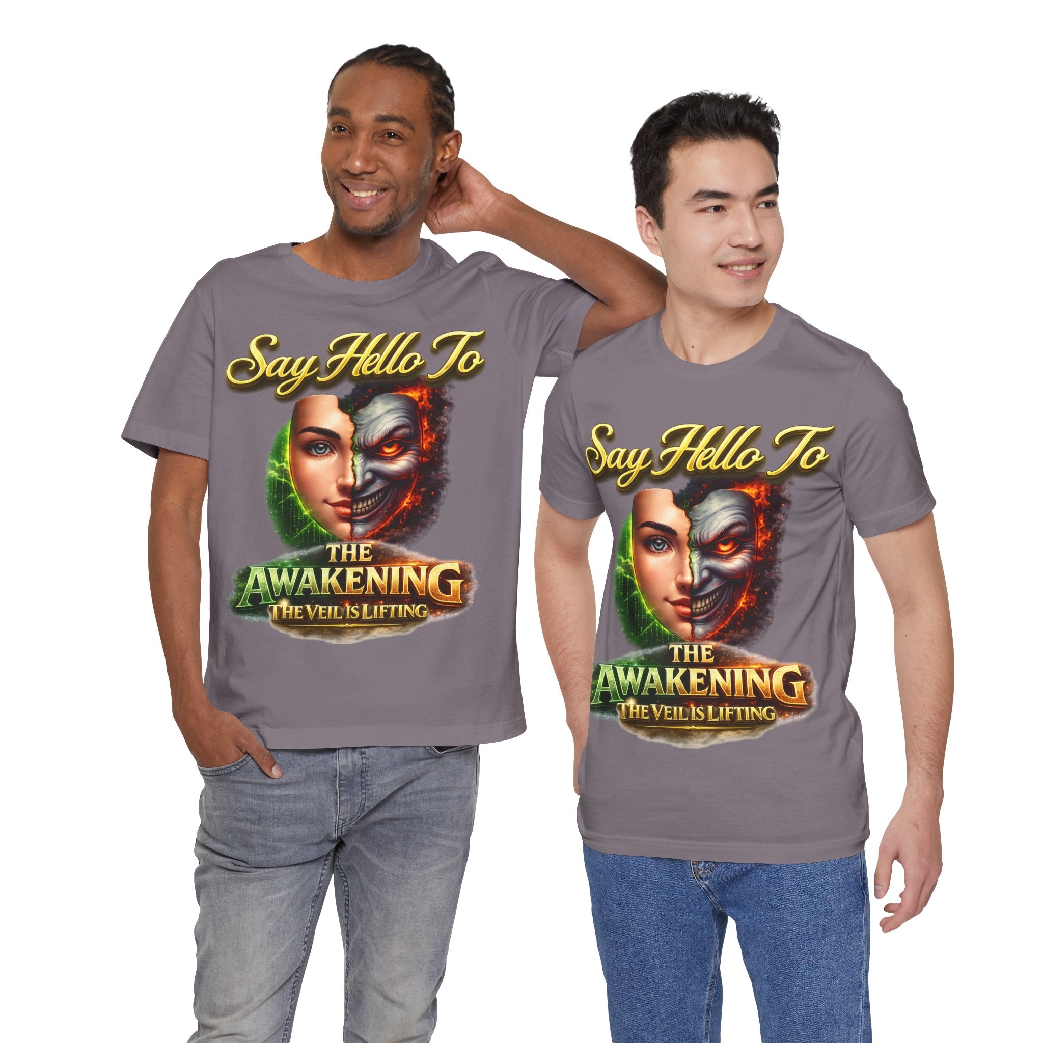 Horror Mask Split Face Tee — "Say Hello To Your Family and Friends" Graphic T-Shirt Printify
