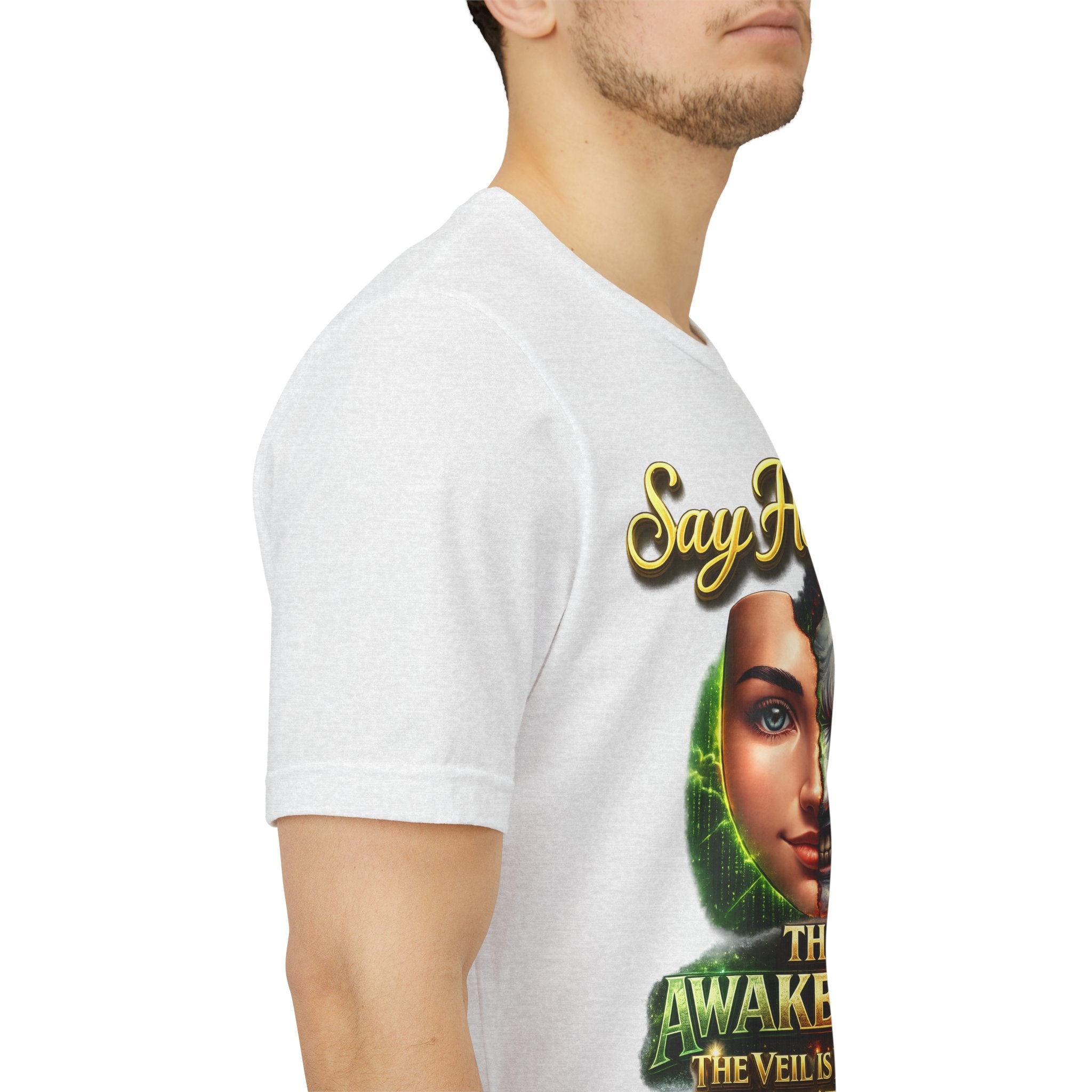 Horror Mask Split Face Tee — "Say Hello To Your Family and Friends" Graphic T-Shirt Printify