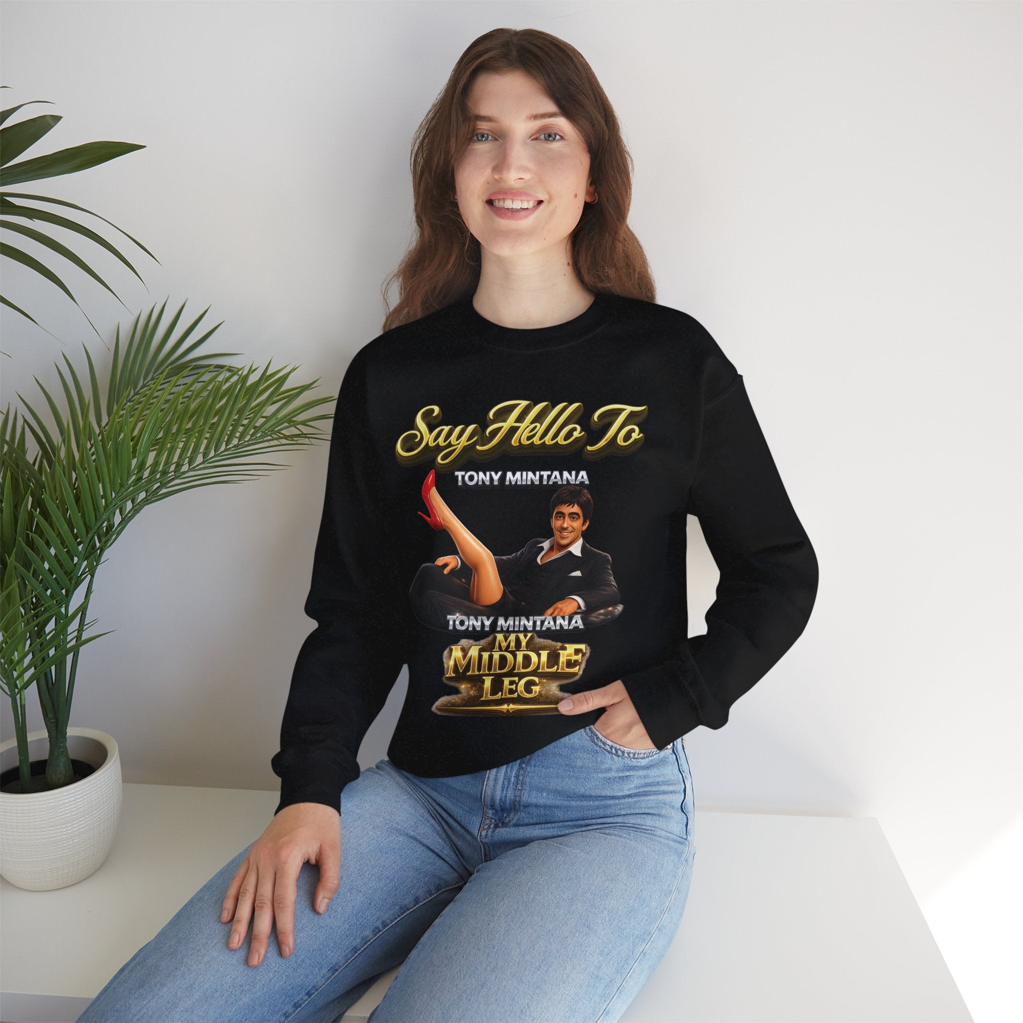 Scarface Parody Crewneck Sweatshirt — "Say Hello to My Middle Leg" Graphic Printify