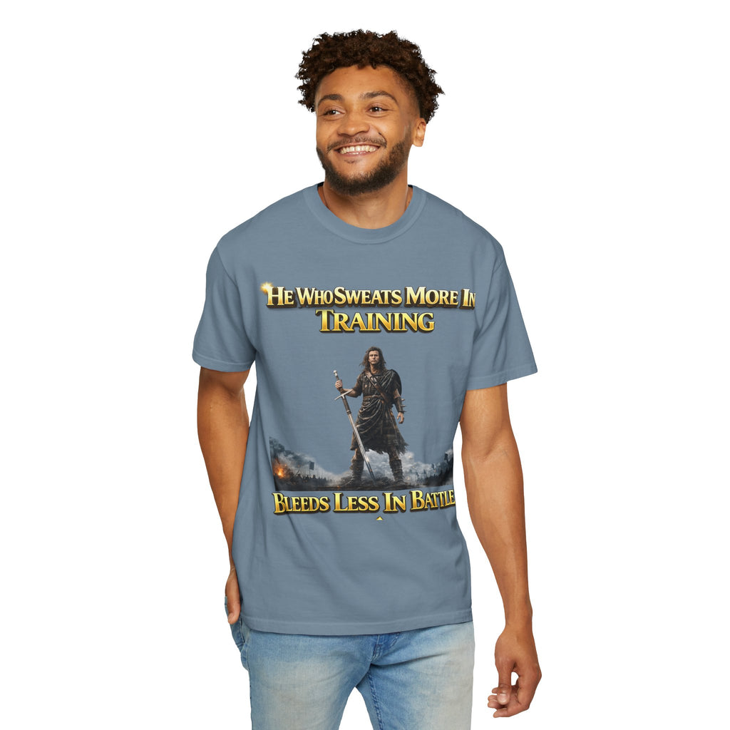 Training Warrior T-Shirt — "He Who Sweats More in Training Bleeds Less in Battle" Printify