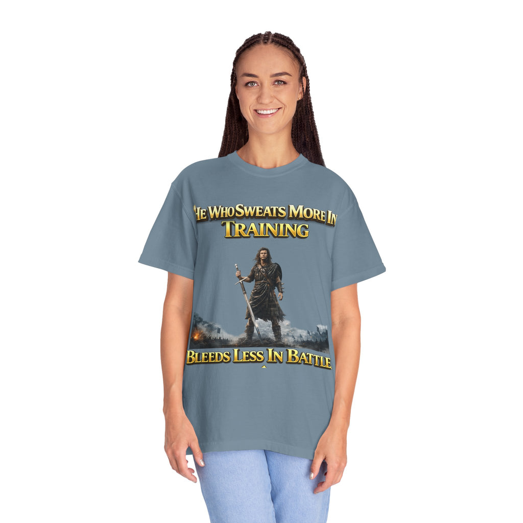 Training Warrior T-Shirt — "He Who Sweats More in Training Bleeds Less in Battle" Printify