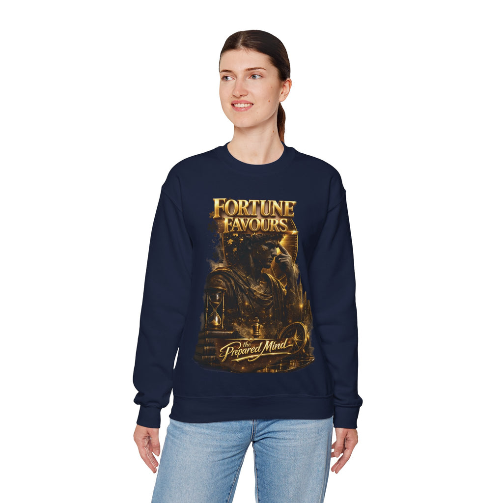 Crewneck Sweatshirt — "Fortune Favors the Prepared Mind" Motivational Design Printify