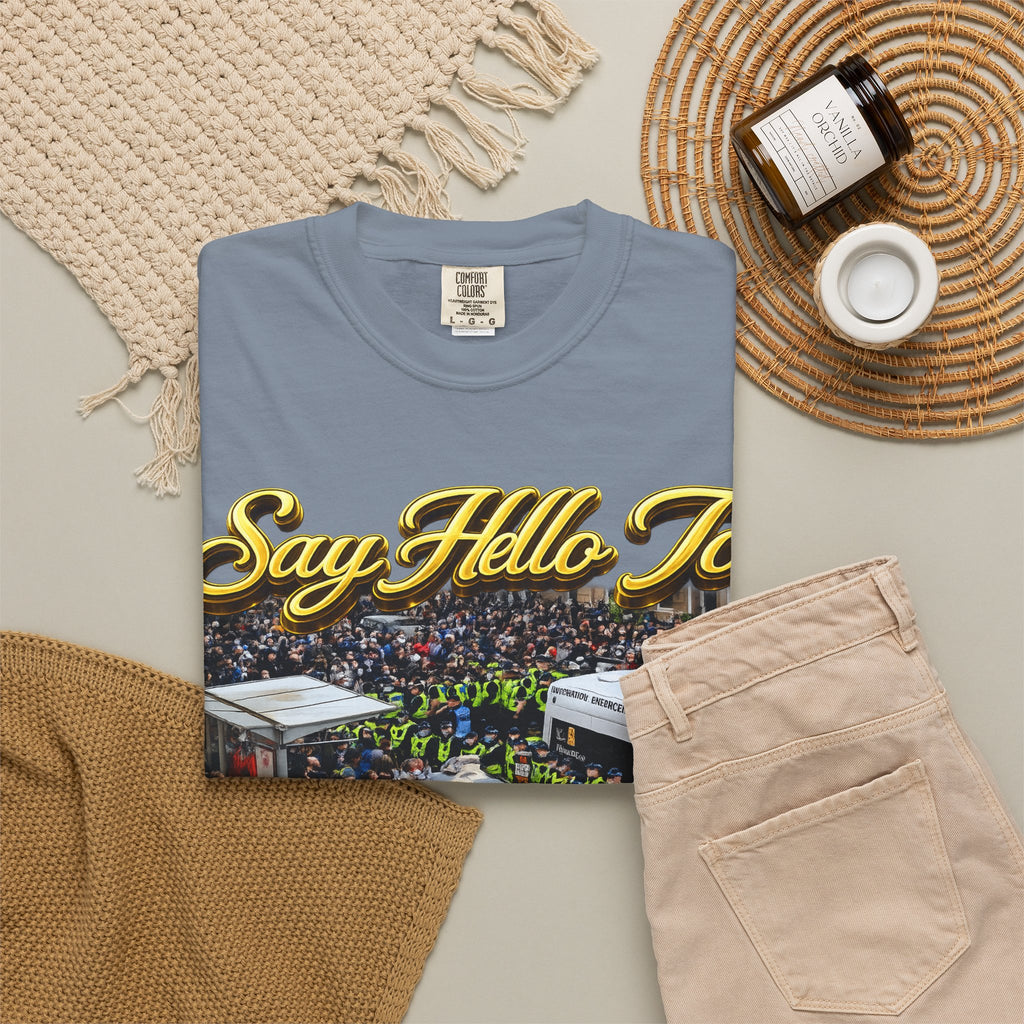 Graphic T-Shirt — "Say Hello to Scotland: Send Them Home" Protest Design Printify