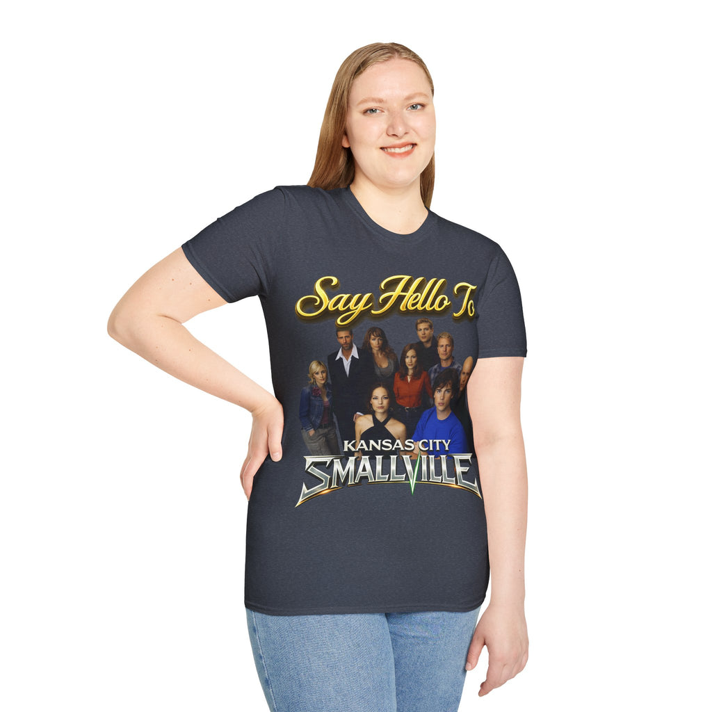 Smallville Cast T-Shirt – "Say Hello To" Kansas City Retro TV Logo Printify