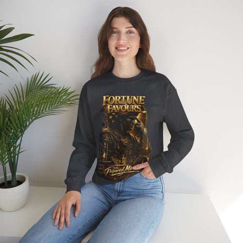 Crewneck Sweatshirt — "Fortune Favors the Prepared Mind" Motivational Design Printify