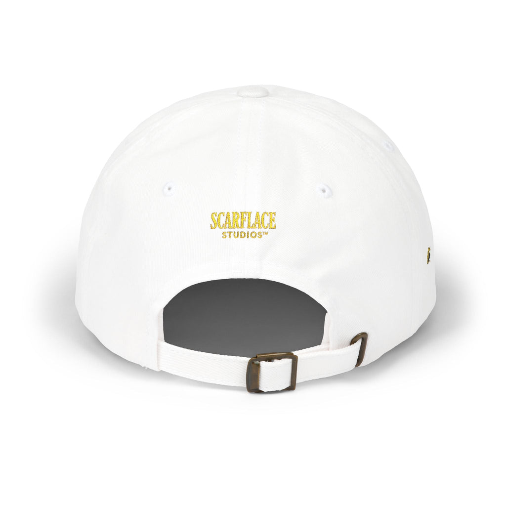 Gold Script "Dad" Cap — Minimal White Baseball Hat Printify