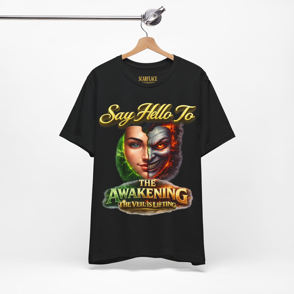 Horror Mask Split Face Tee — "Say Hello To Your Family and Friends" Graphic T-Shirt Printify