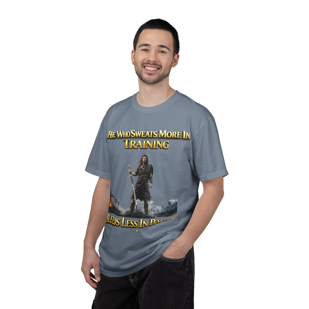 Training Warrior T-Shirt — "He Who Sweats More in Training Bleeds Less in Battle" Printify