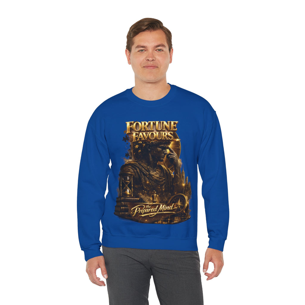 Crewneck Sweatshirt — "Fortune Favors the Prepared Mind" Motivational Design Printify