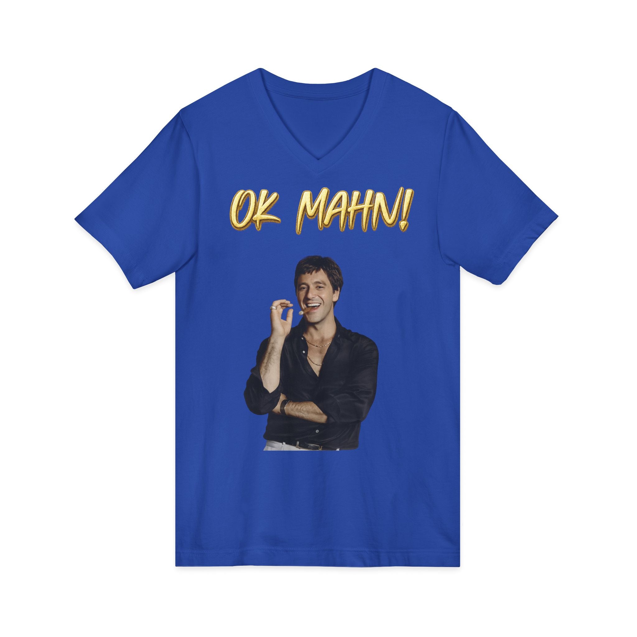 OK Mahn! V-Neck Tee — Vintage Laugh Meme T-Shirt Scarflace Studios Printify