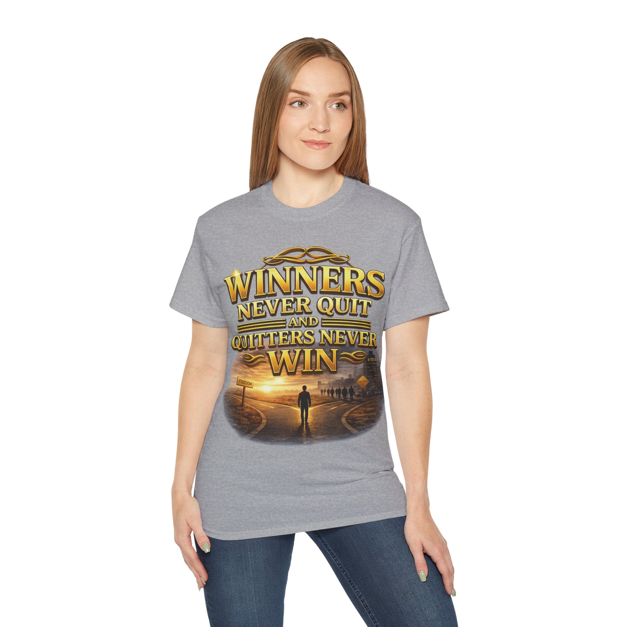Winners Never Quit Inspirational Tee — Motivational Quote Shirt Printify