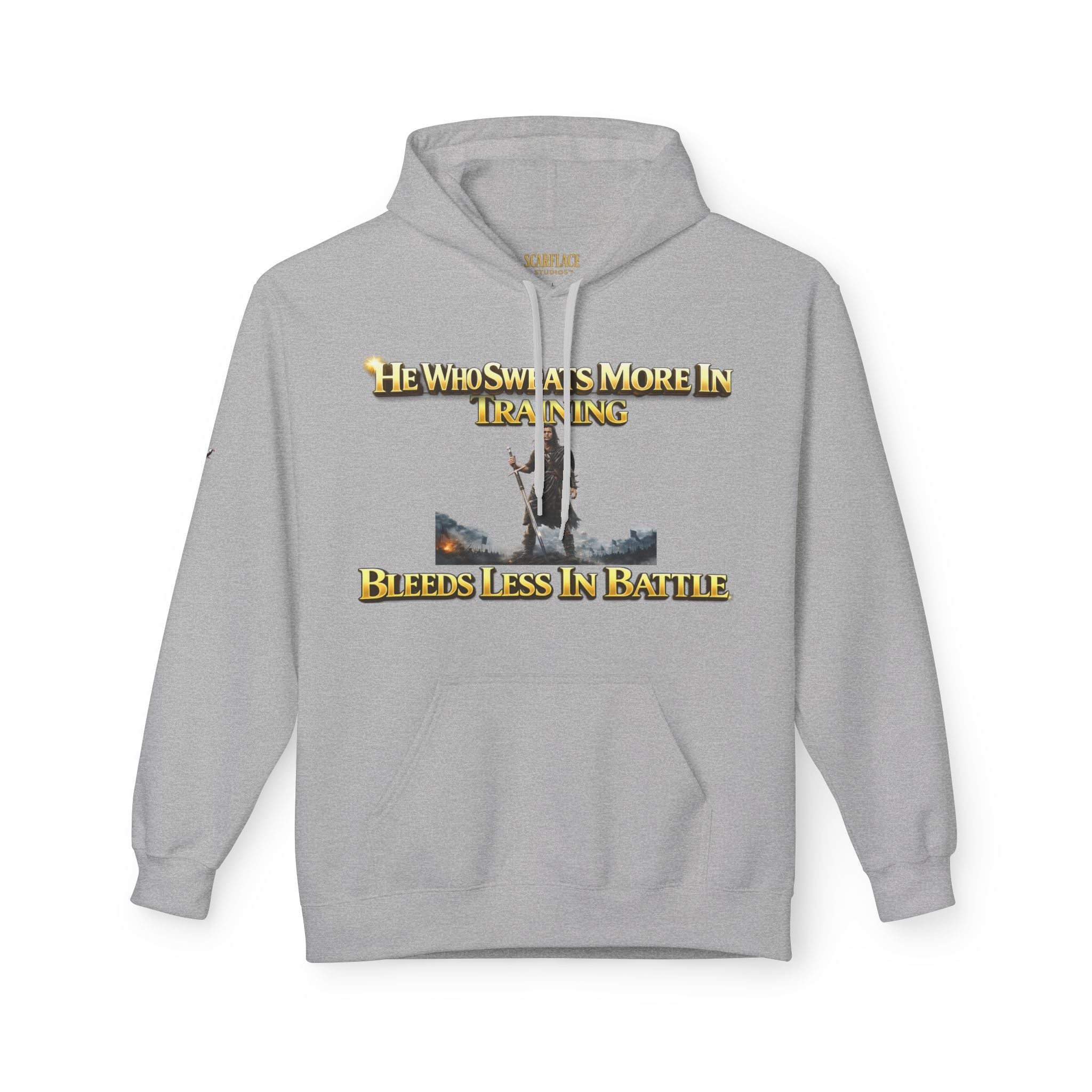 Warrior Training Hoodie — "He Who Sweats More in Training Bleeds Less in Battle" Printify